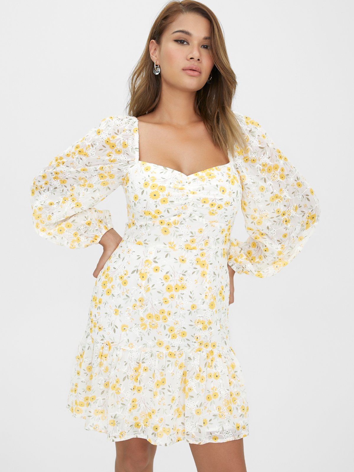 Eyelet Floral Dress - Yellow - Pomelo 