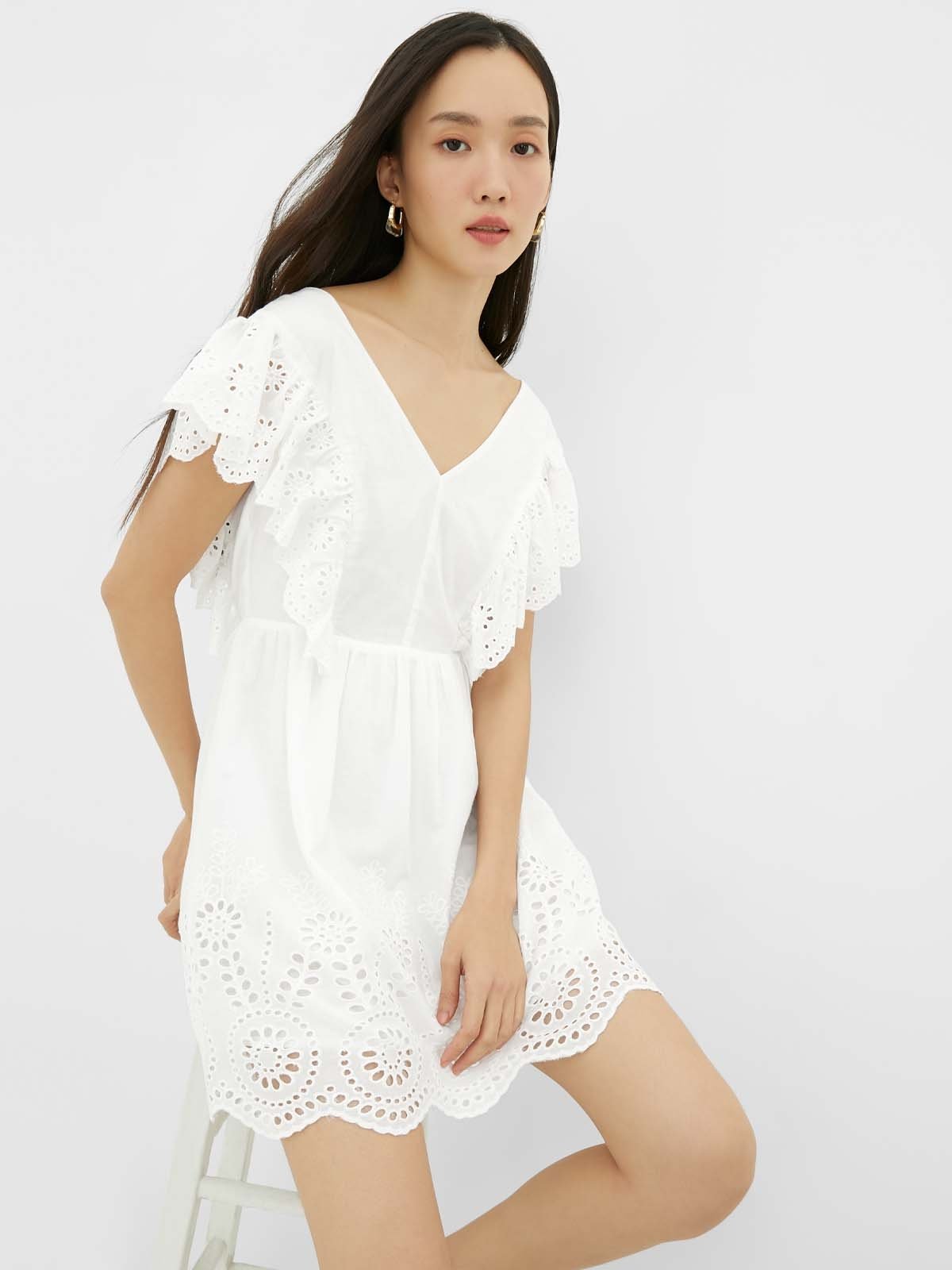 Eyelet Mini Dress - White - Pomelo Fashion