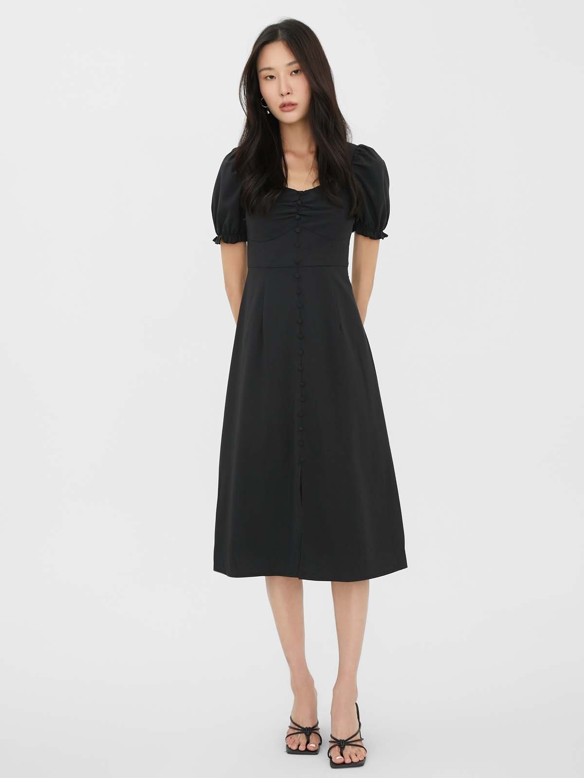 Puffed Sleeve Midi Dress Black Pomelo Fashion