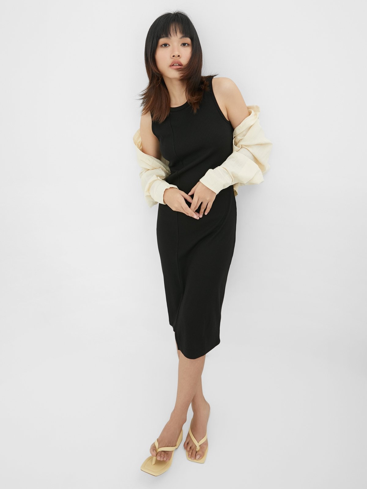 Two Tone RIbbed Asymmetric Dress Black Pomelo Fashion
