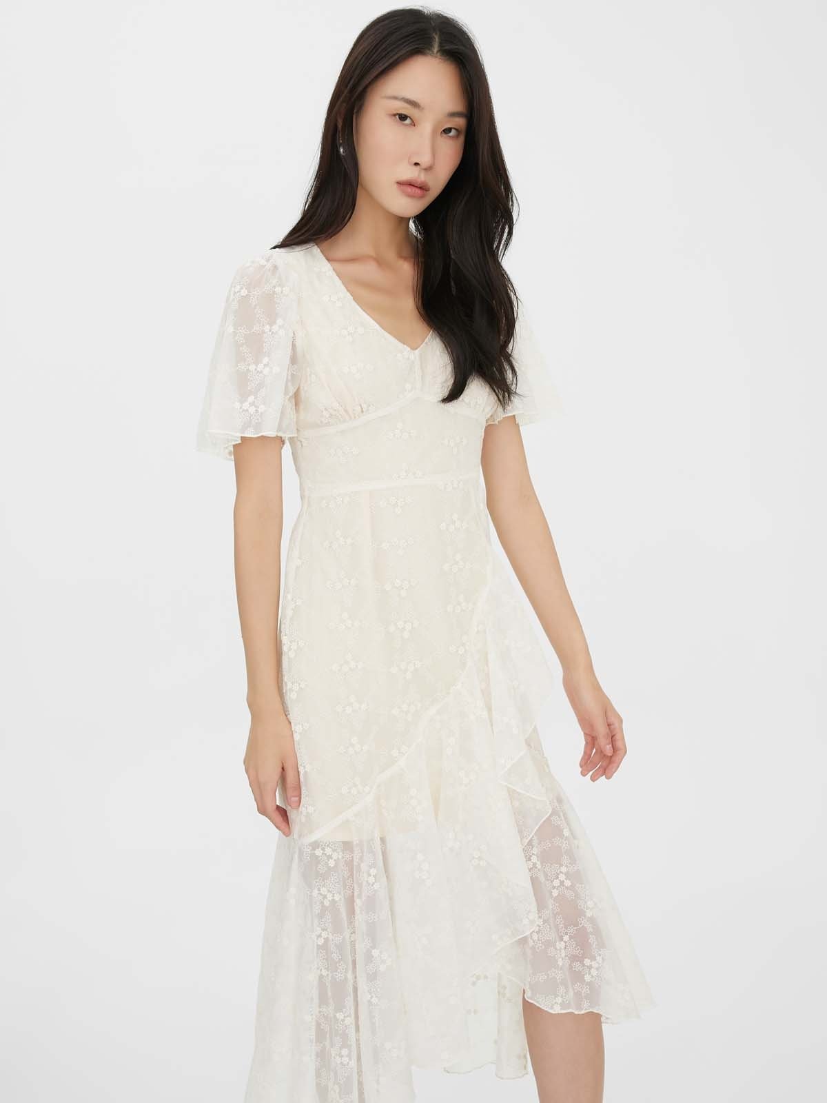 Embroidered Flower Midi Dress - Cream - Pomelo Fashion