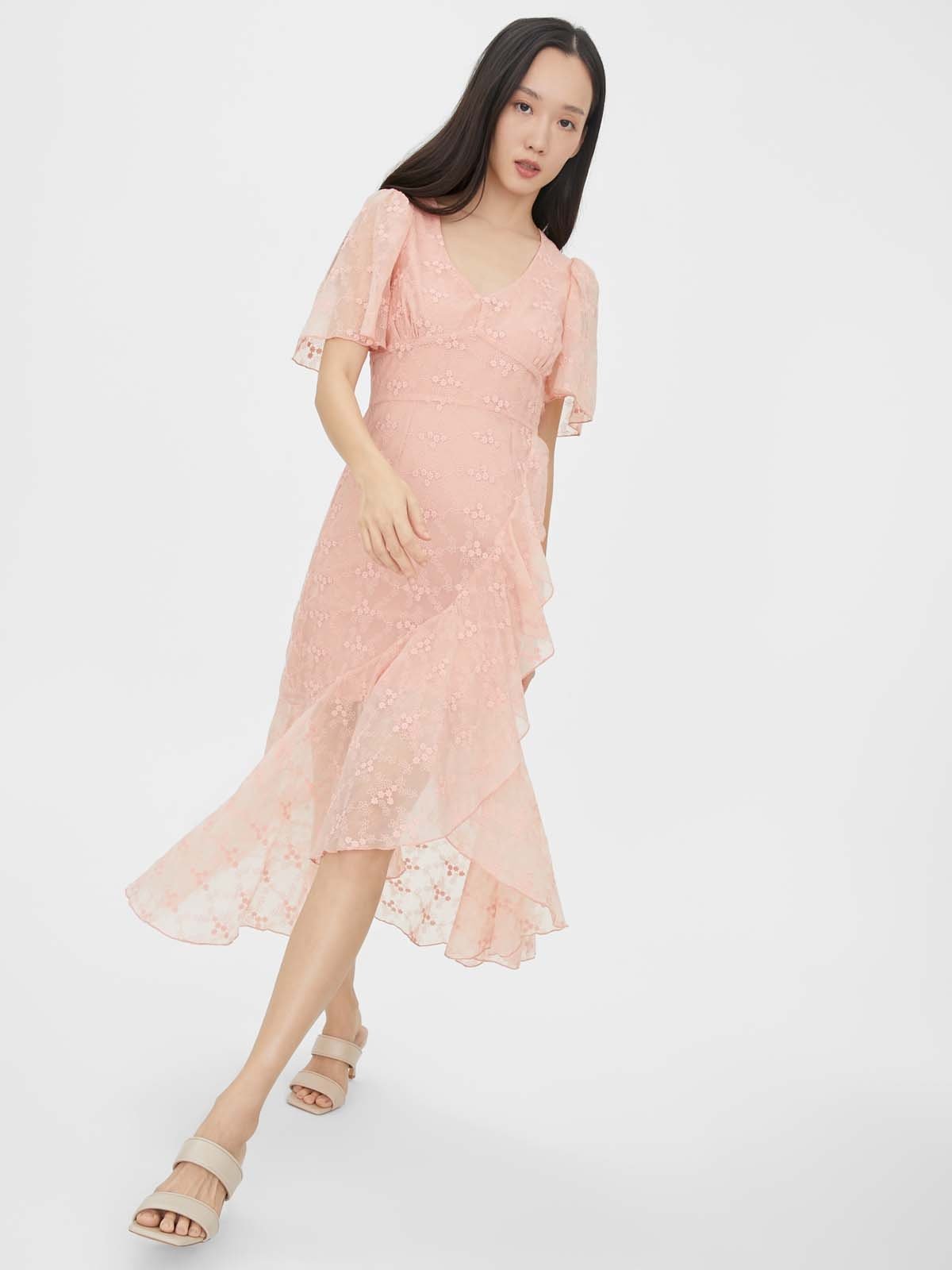 Embroidered Flower Midi Dress Pink Pomelo Fashion