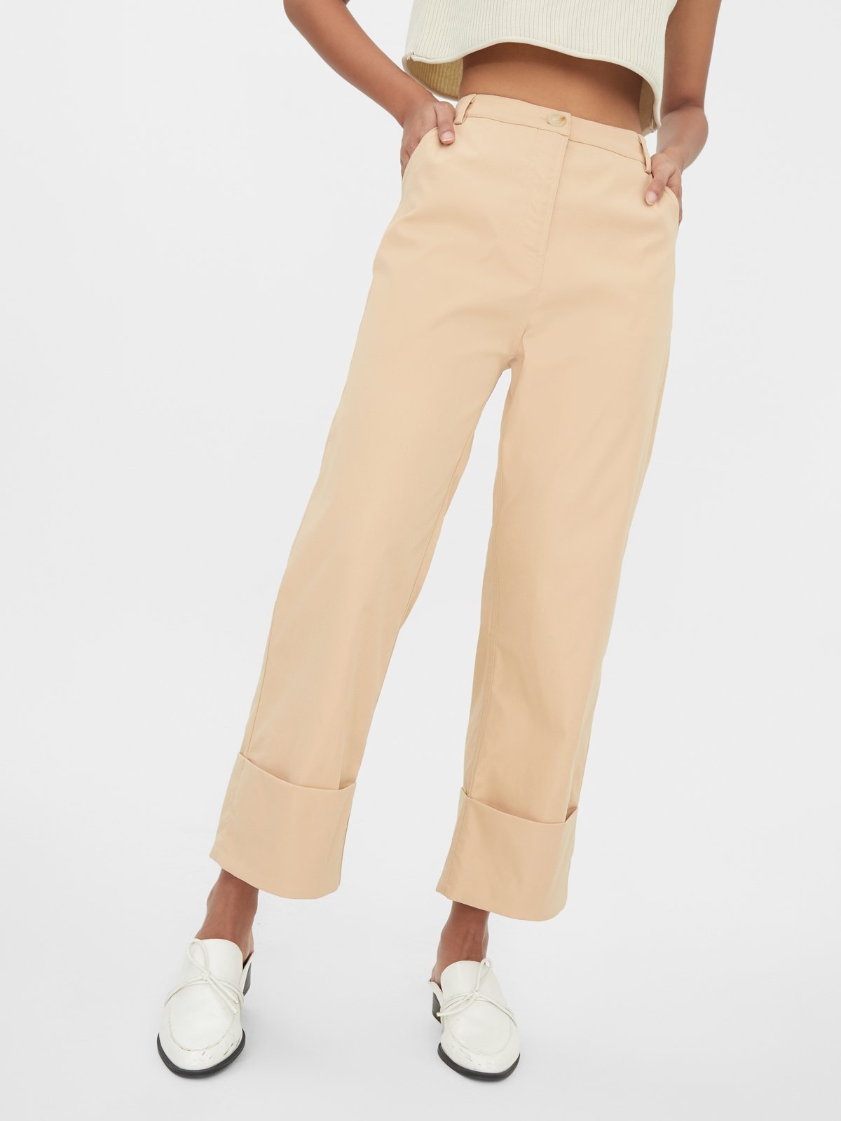 High Waist Folded Hem Pants - Caramel 
