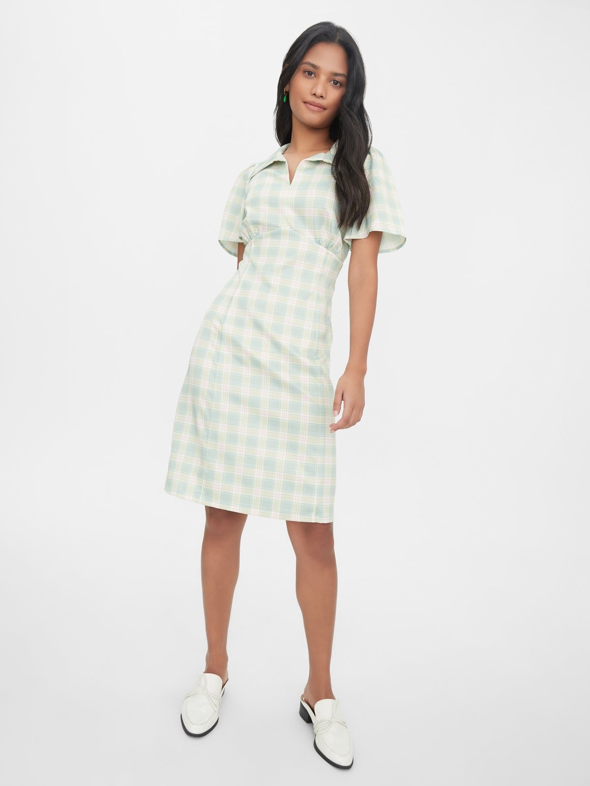 Wide Collar Plaid Dress Green Pomelo Fashion