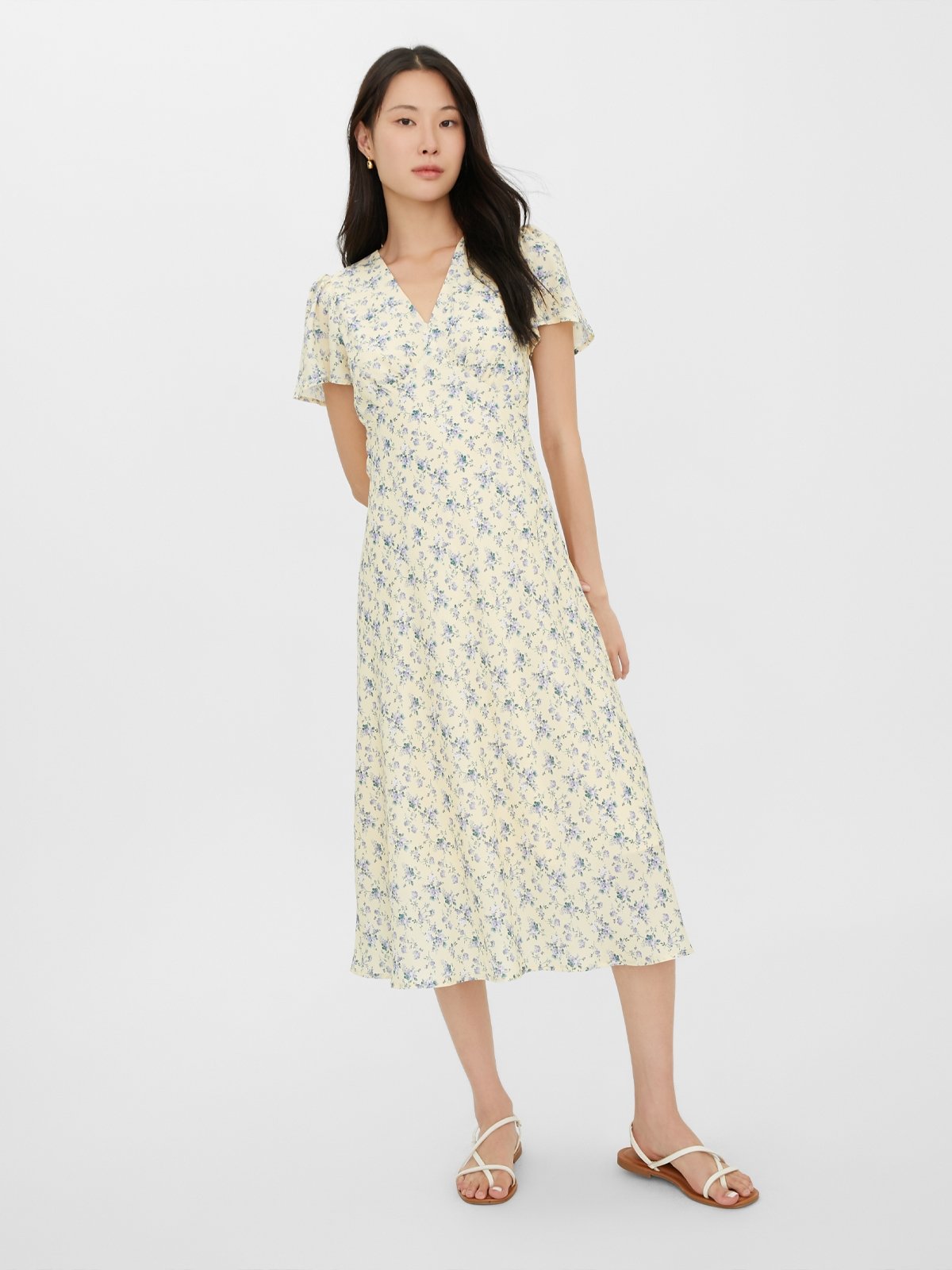 Floral Midi Dress Yellow Pomelo Fashion