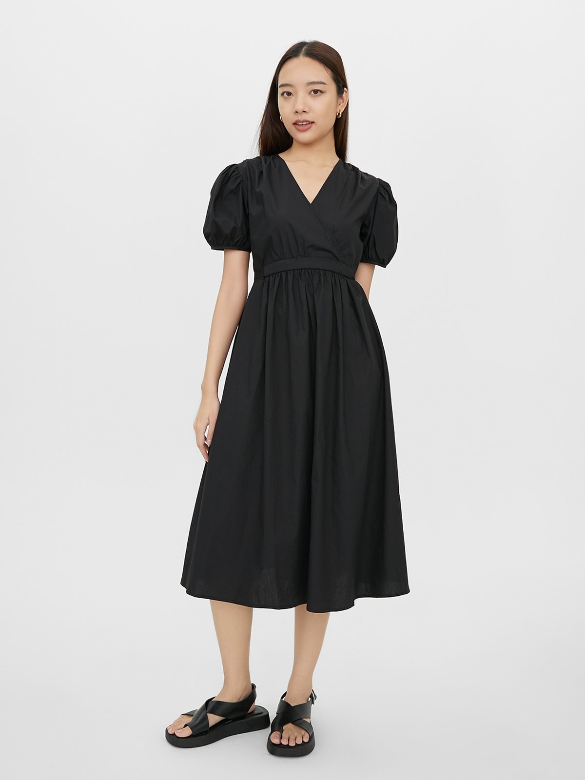 Puffed Sleeve Fit & Flare Midi Dress Black Pomelo Fashion