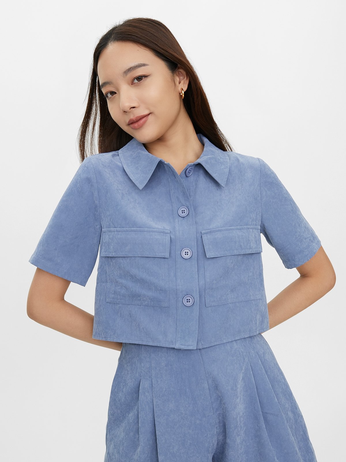 Button Up Short Sleeve Shirt - Aqua Blue - Pomelo Fashion