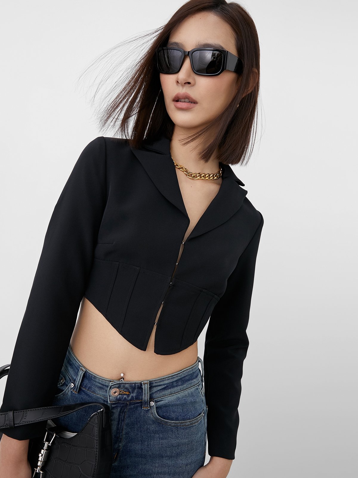 Fitted Asymmetrical Blazer Black Pomelo Fashion