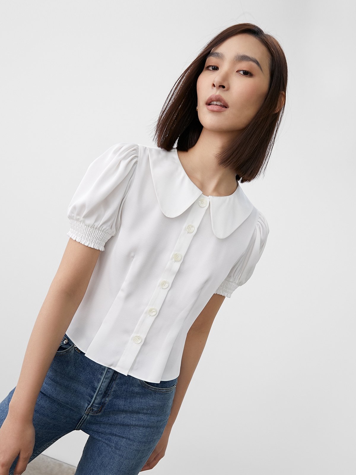 Peter Pan Collar Shirt - White - Pomelo Fashion