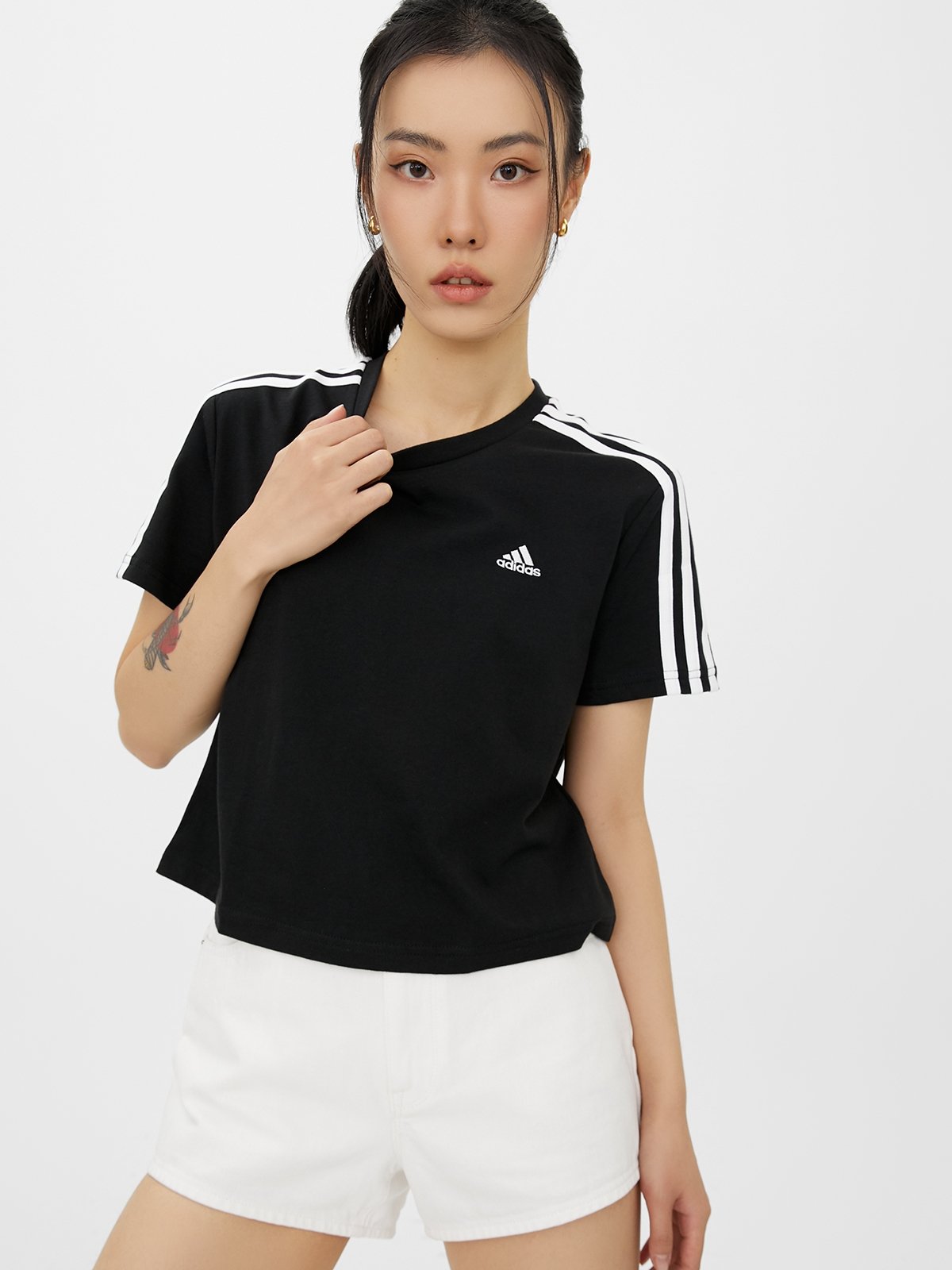 Essentials Loose 3 Stripes Cropped Tee Black Pomelo Fashion