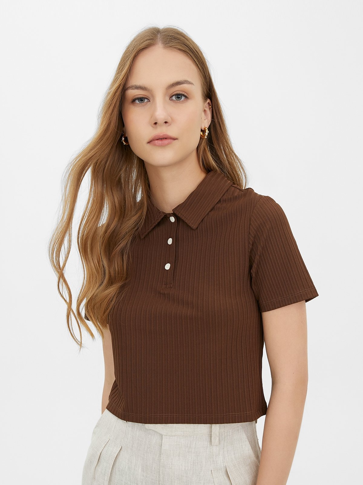 Short Sleeve Lapel Collar Tee Brown Pomelo Fashion
