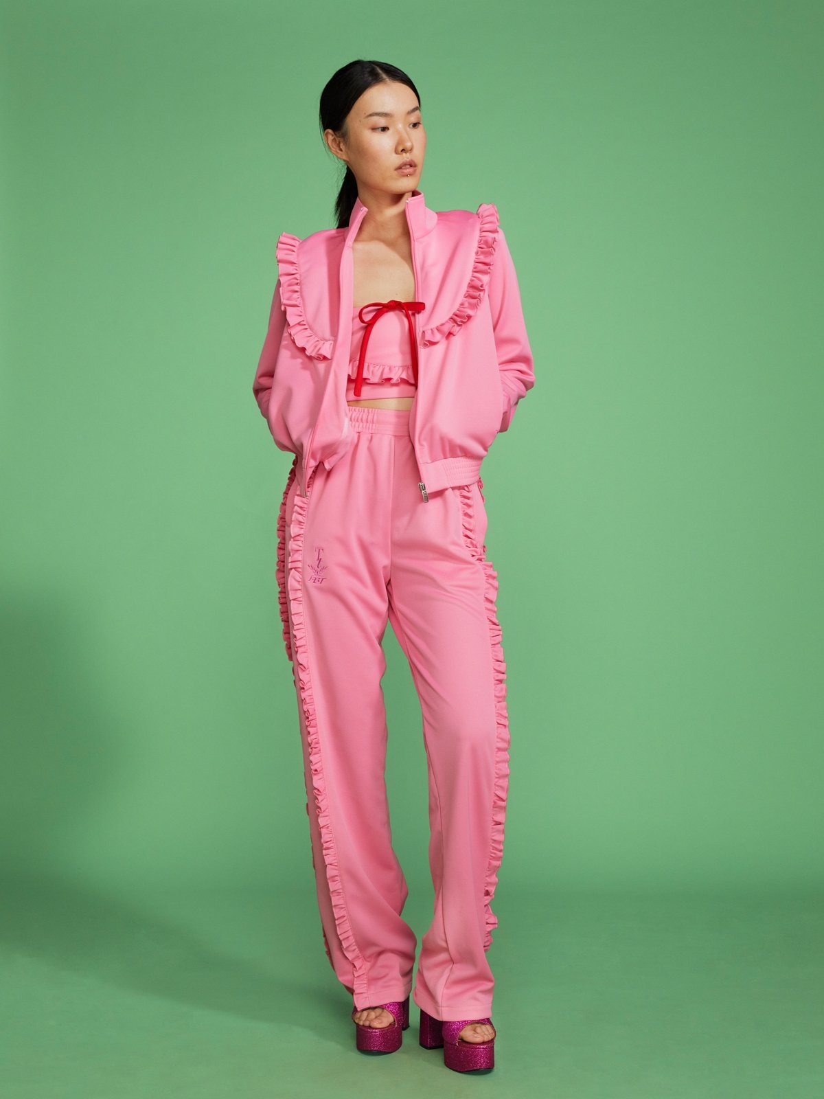 Ruffle Trimmed Jacket - Pink - Pomelo Fashion