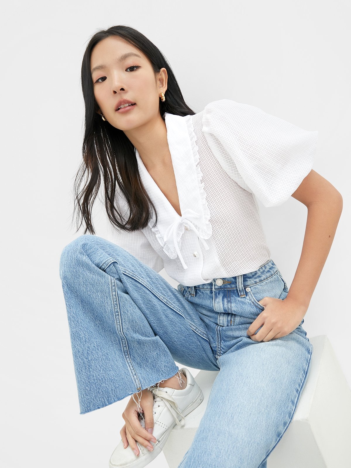 Barbie™ x Pomelo Gingham Puffed Sleeve Top White Pomelo Fashion