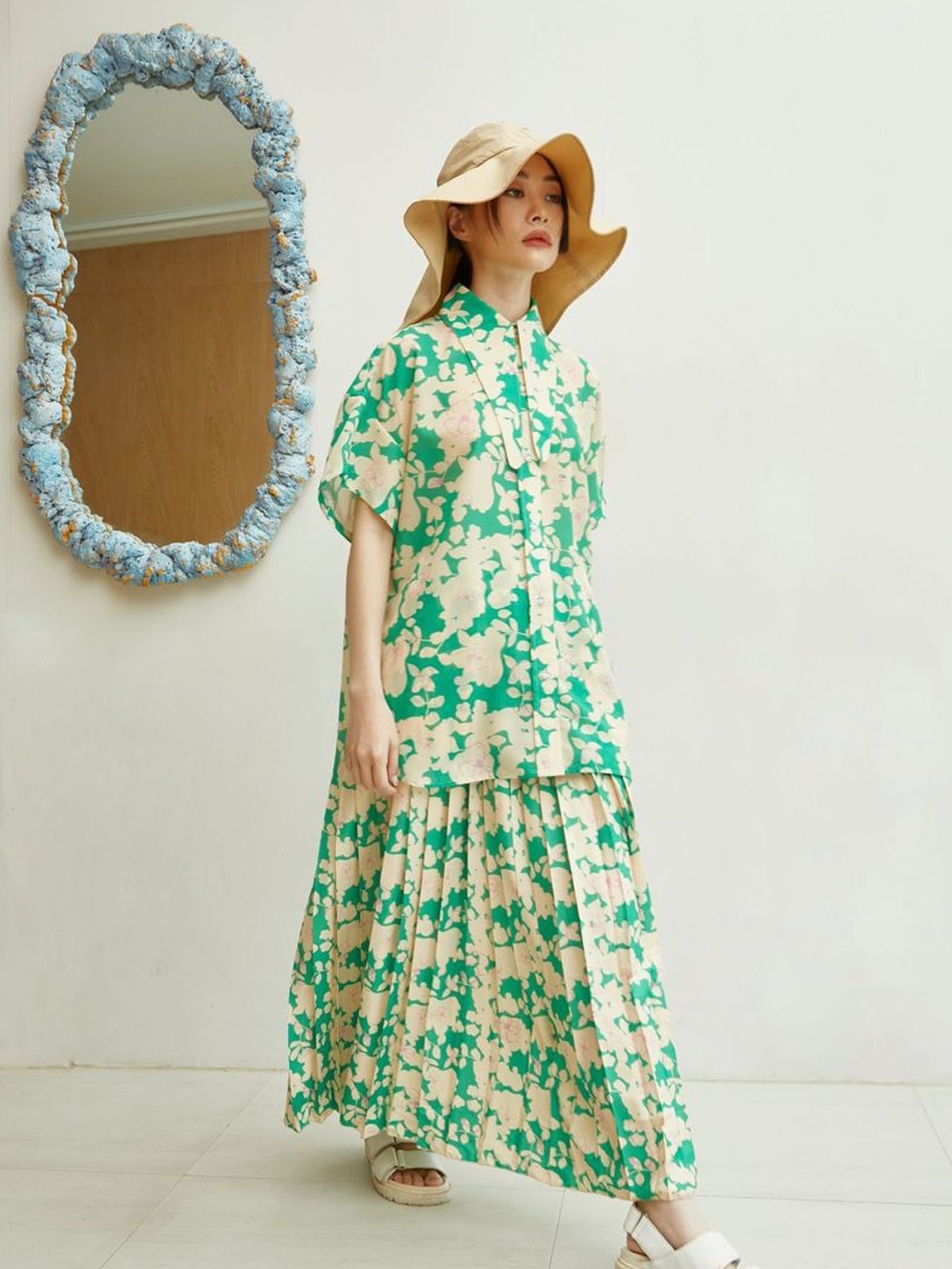 The Secret Garden Pleatful Skirt - Lemon Green & Custard - Pomelo Fashion