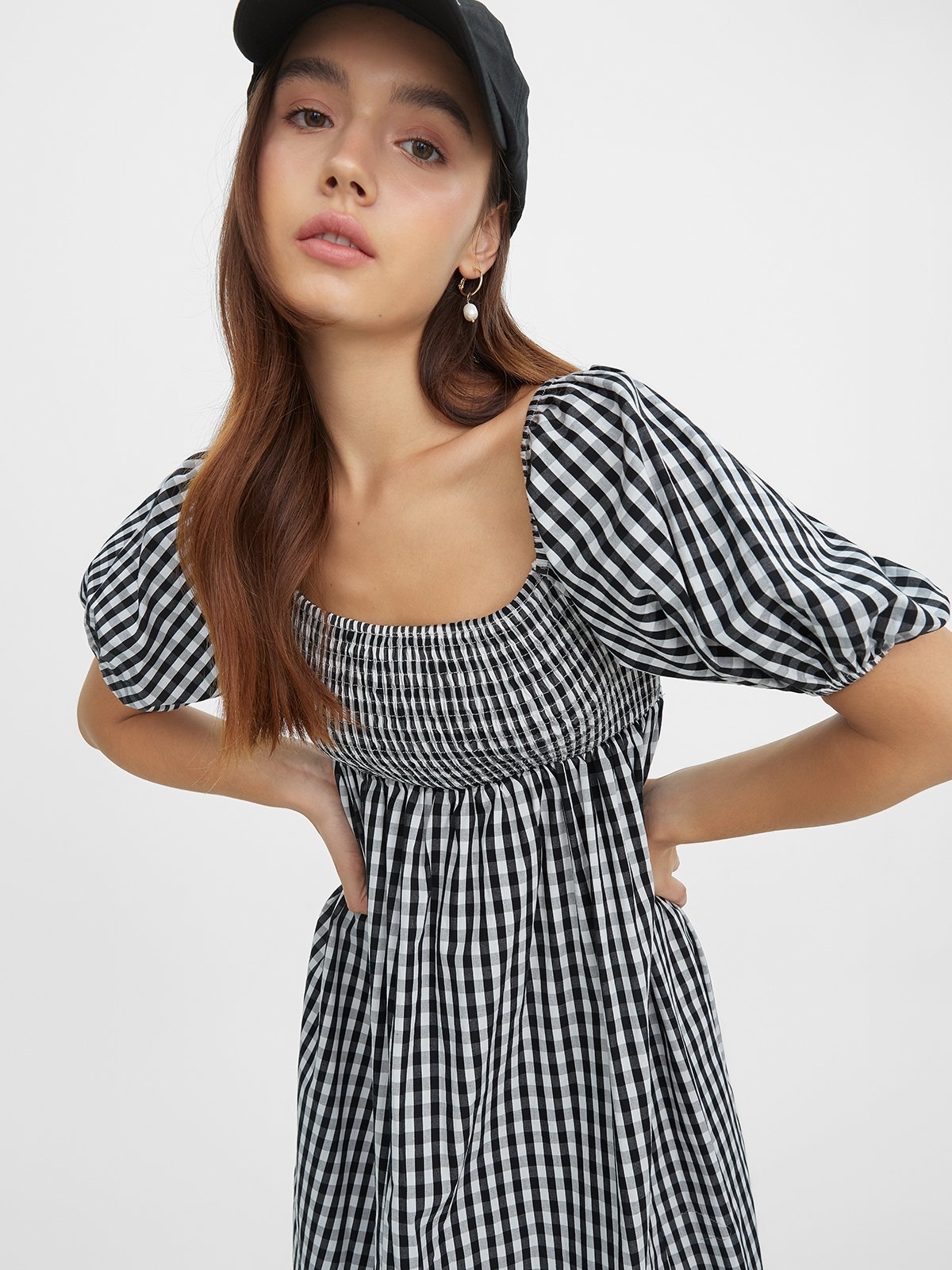 Gingham Square Neck Midi Dress Black White Pomelo Fashion