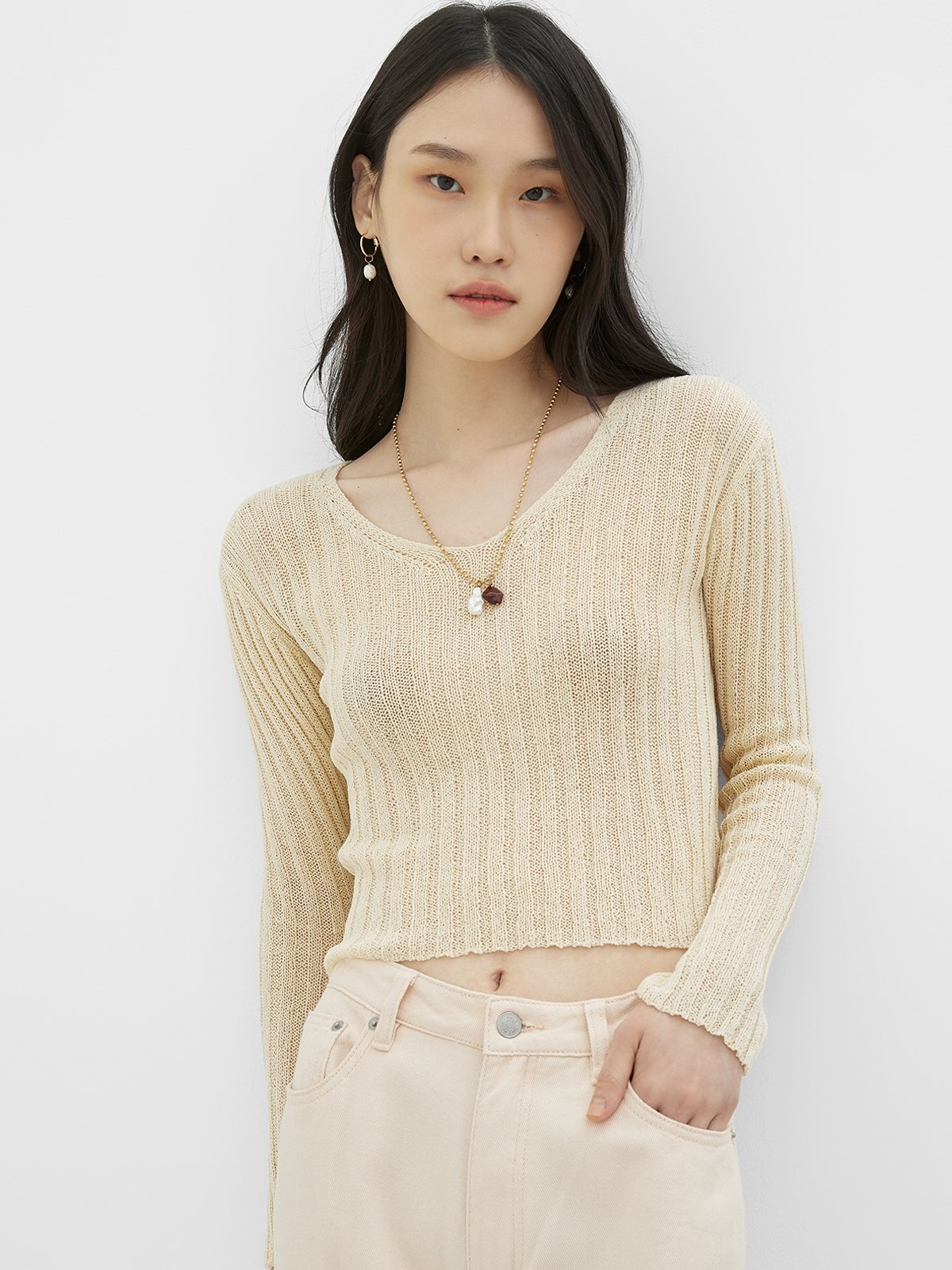 Semi sheer long sleeve top sales