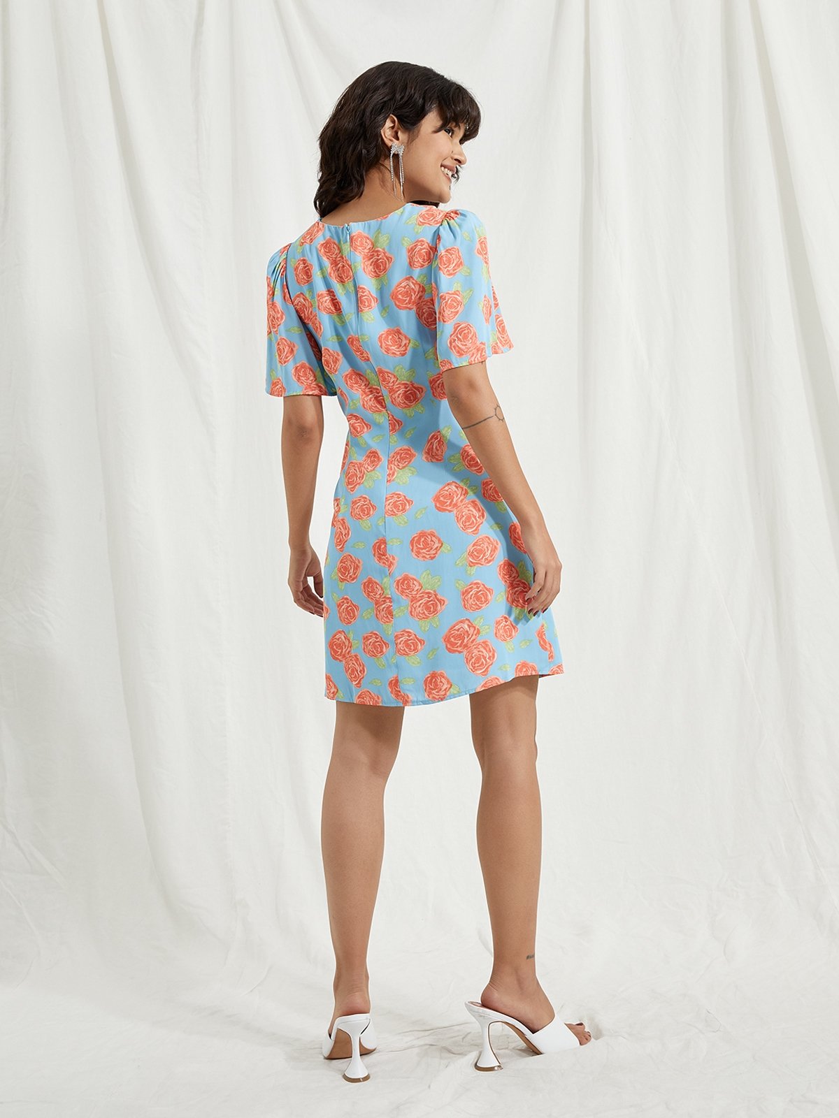 Flower Print Cut Out Dress - Blue 
