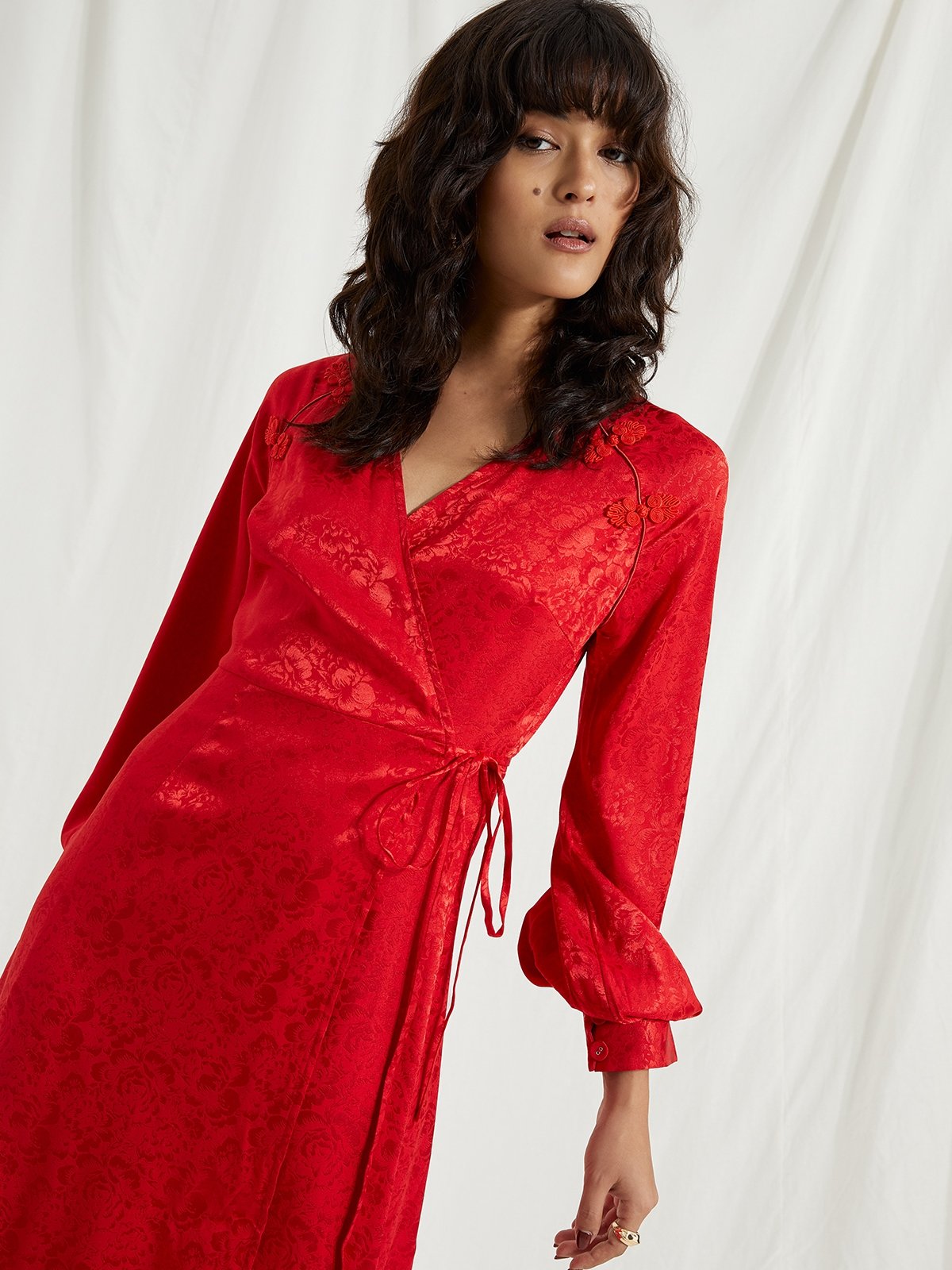 V Neck Long Sleeve Dress Red Pomelo Fashion