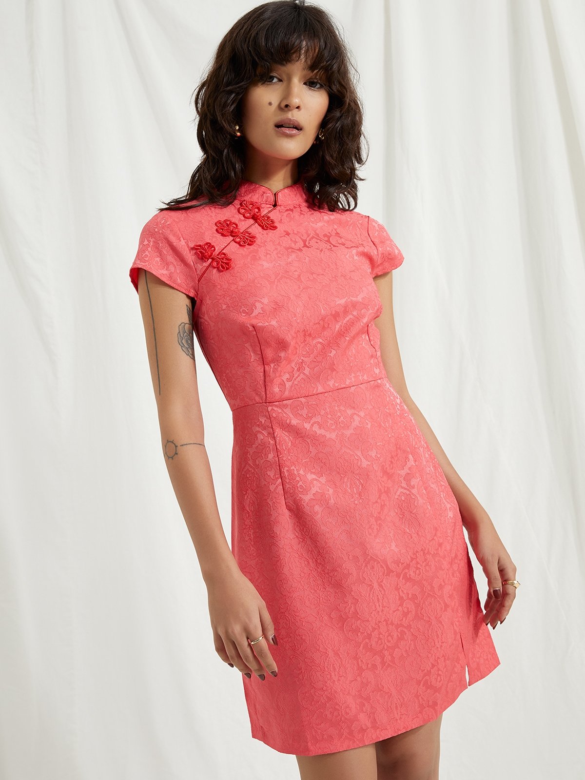High Neck Knot Button Dress Pink