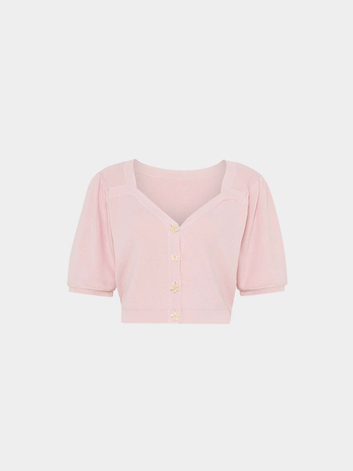 Flower Buttoned Cropped Cardigan Pink Pomelo Fashion