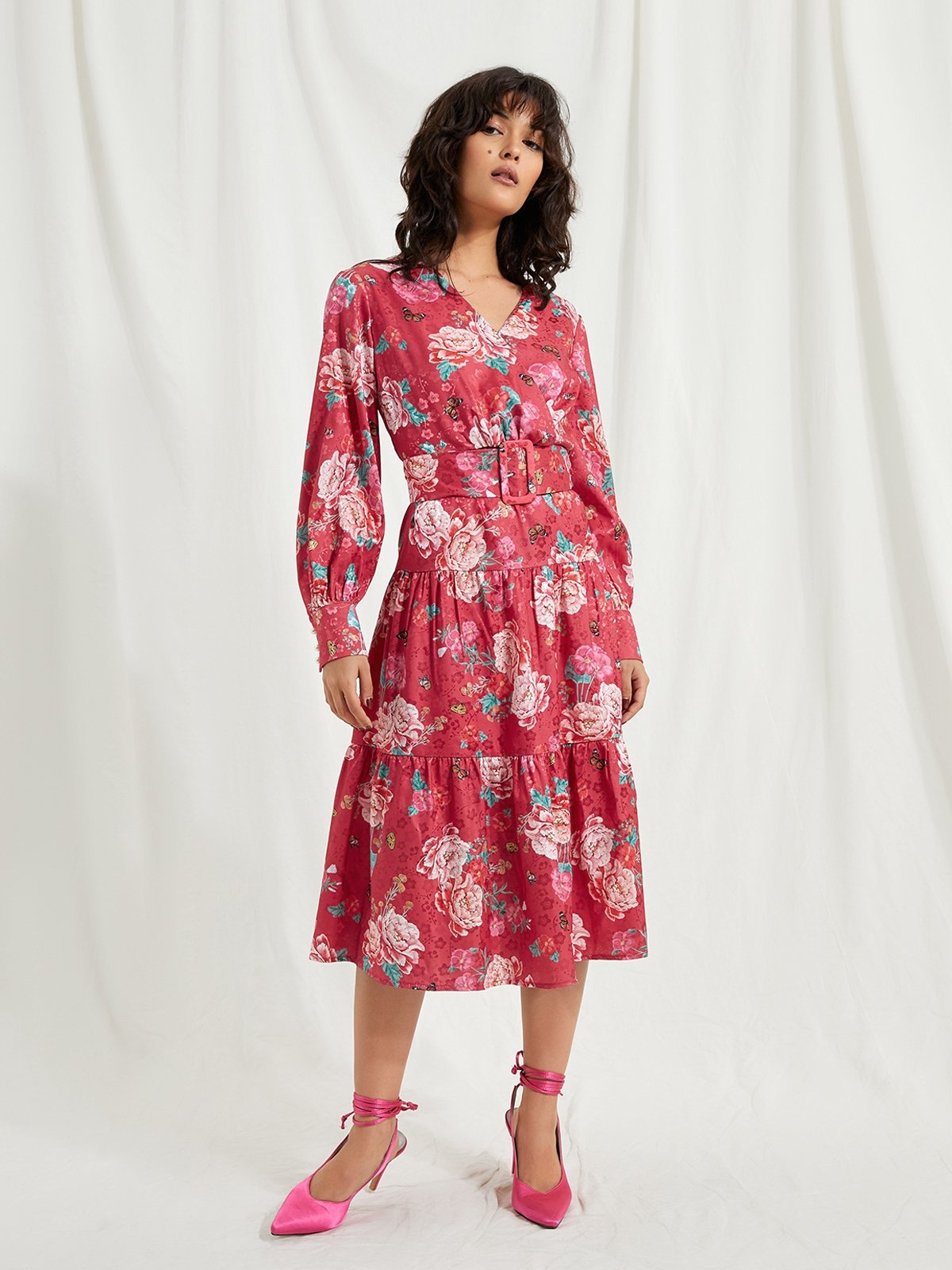 Floral Long Sleeve Midi Dress Red Pomelo Fashion