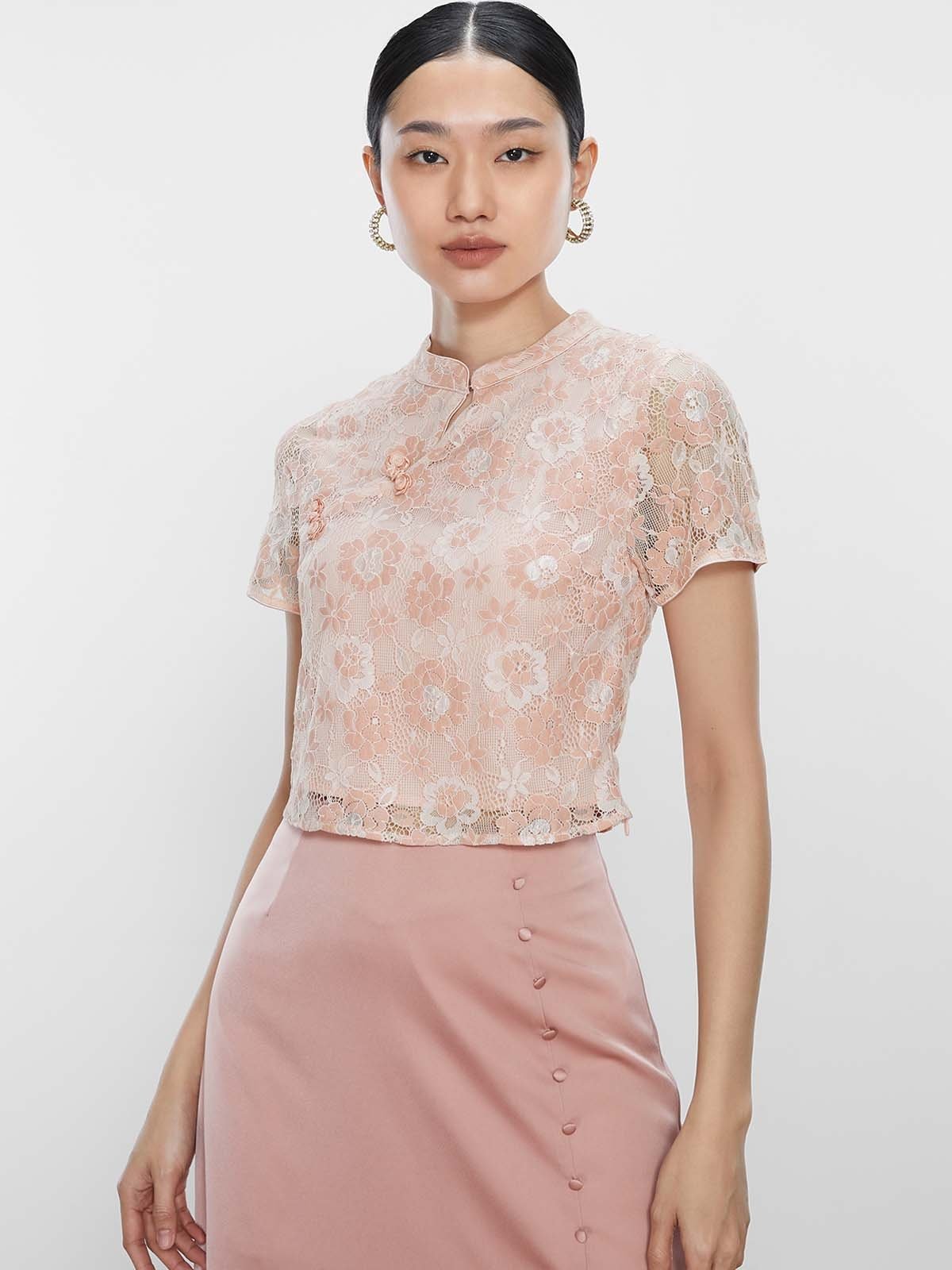 Cut Out Detail Mandarin Collar Crop Top Pink Pomelo Fashion