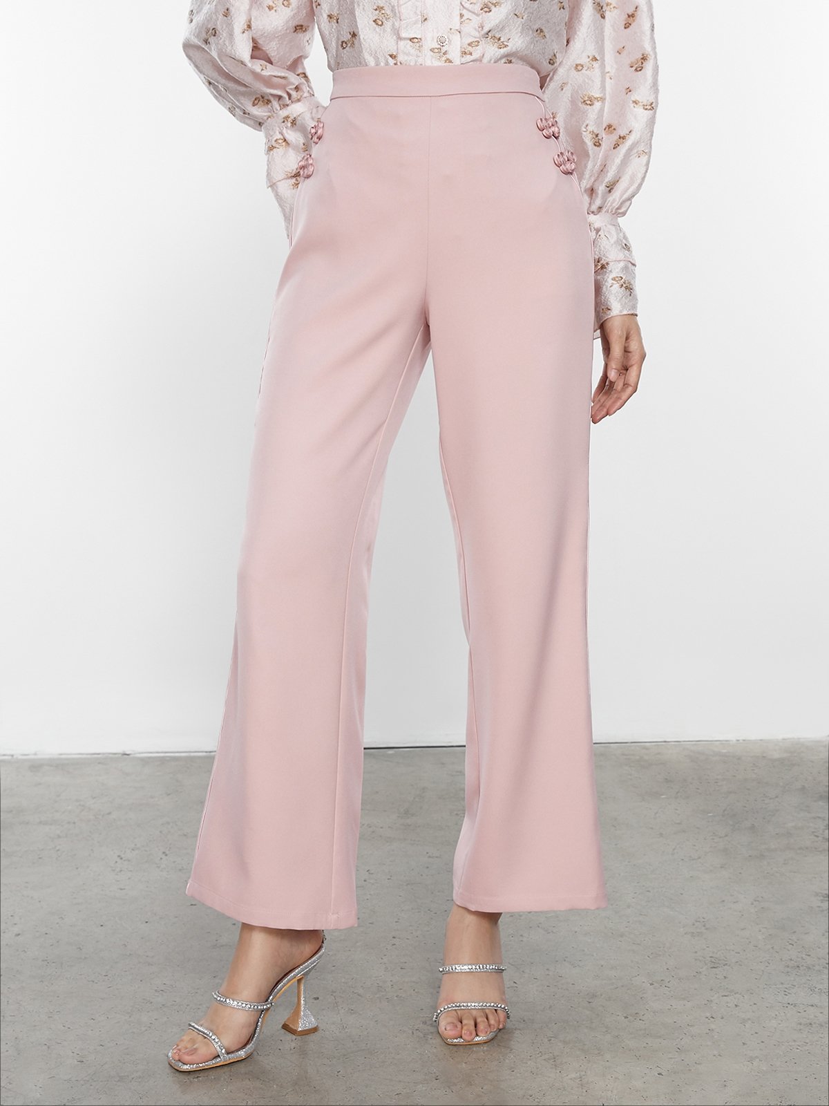 High-Waisted Cheongsam Buttoned Pants - Pink