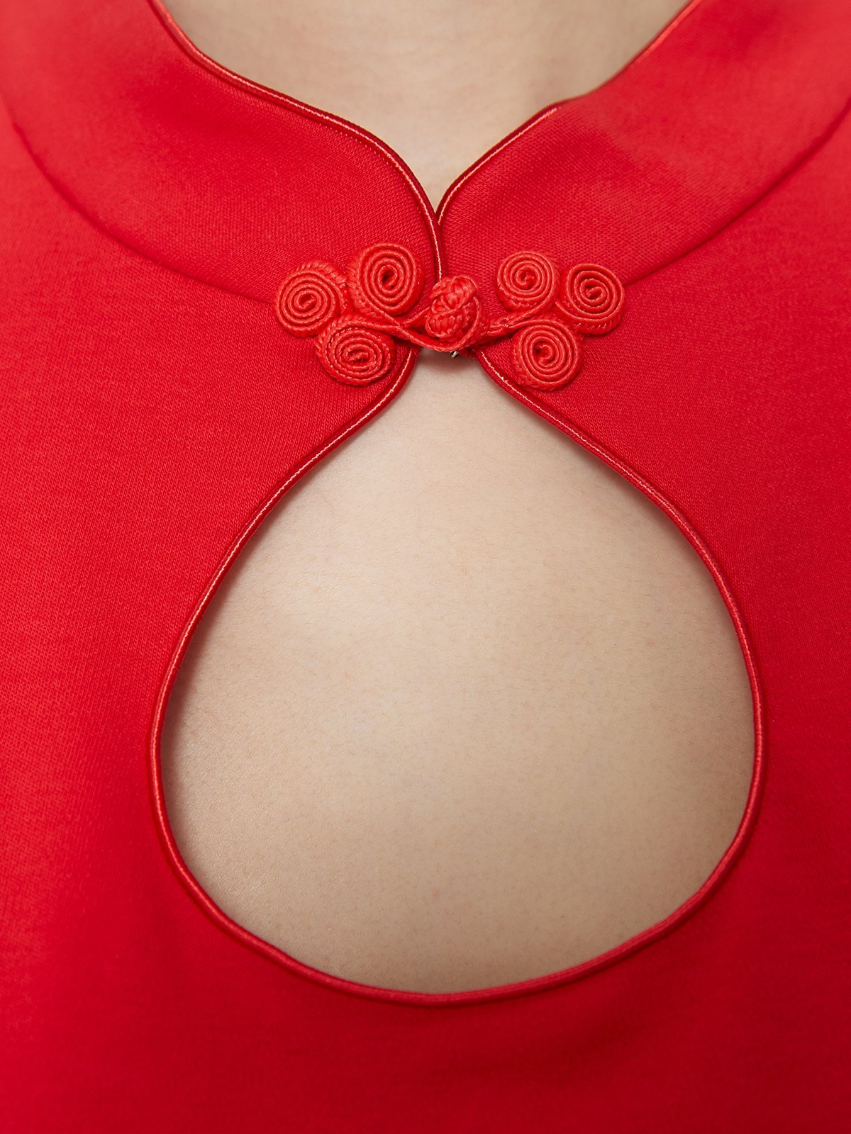Mandarin Collar Pearl Accent Top - Red - Pomelo Fashion