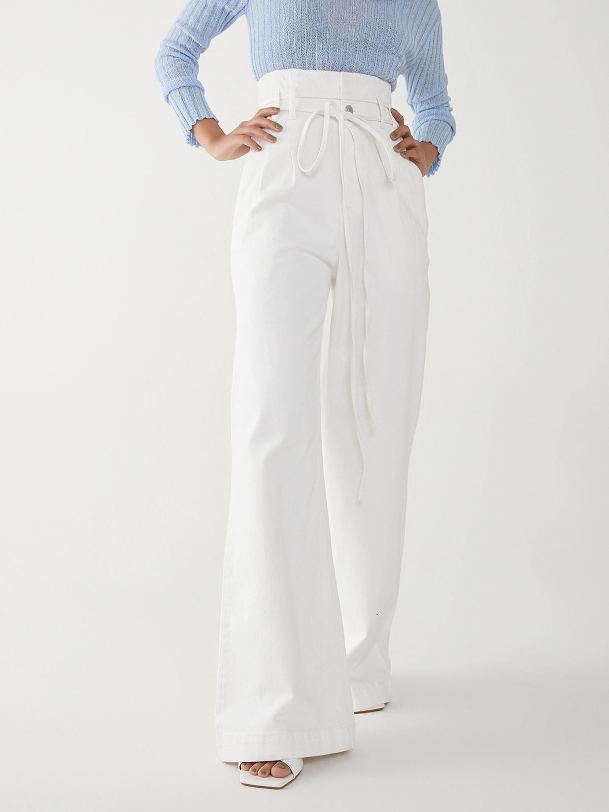 Sustainable High-waisted Wide Leg Pants - White - Pomelo Fashion