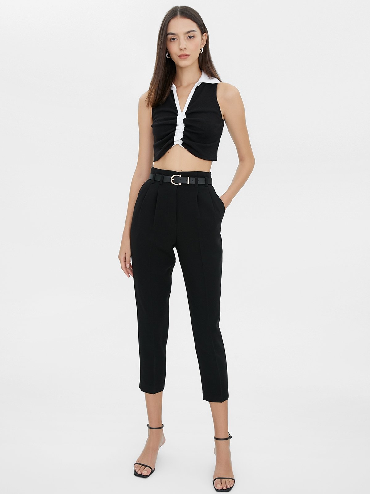 Belted High Waist Trousers - Black 