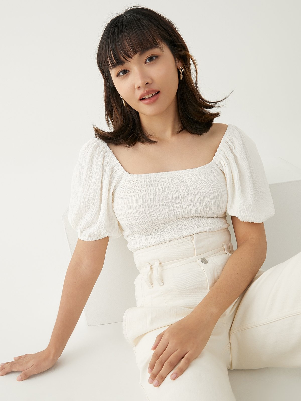 Smocked puff sleeve top deals