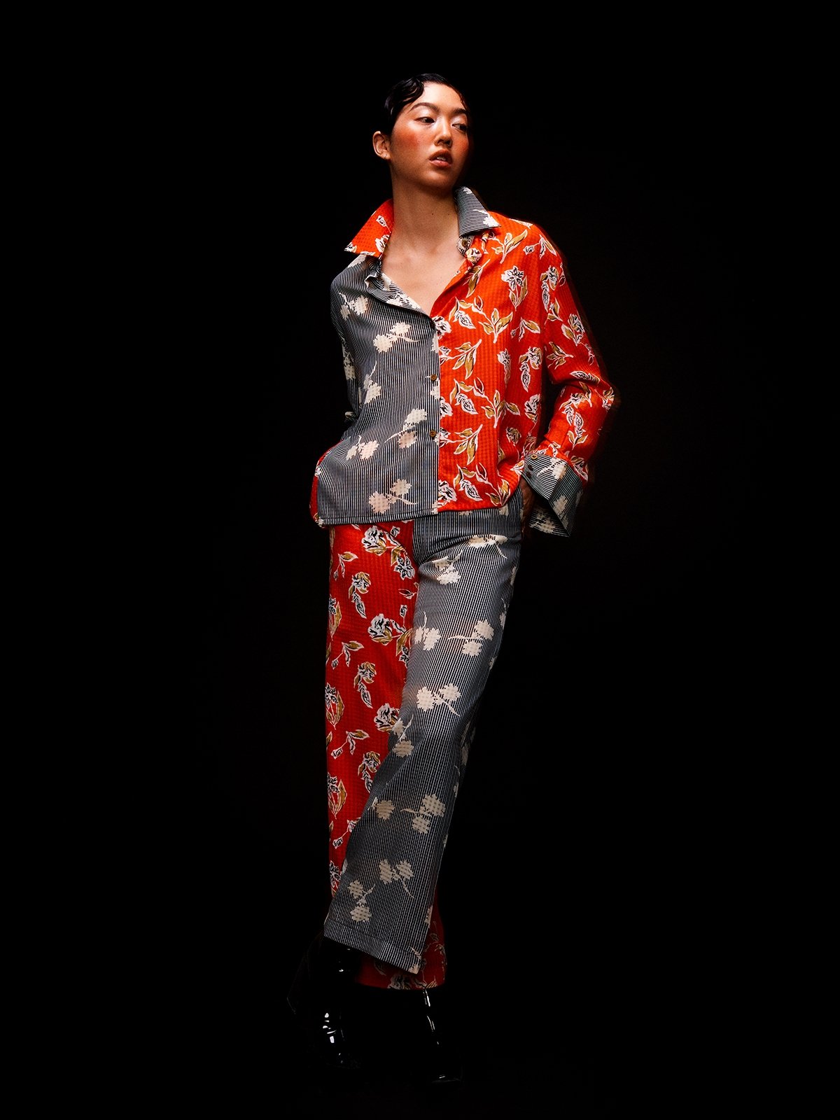 Mandarin Floral Print Shirt Multi Color Pomelo Fashion