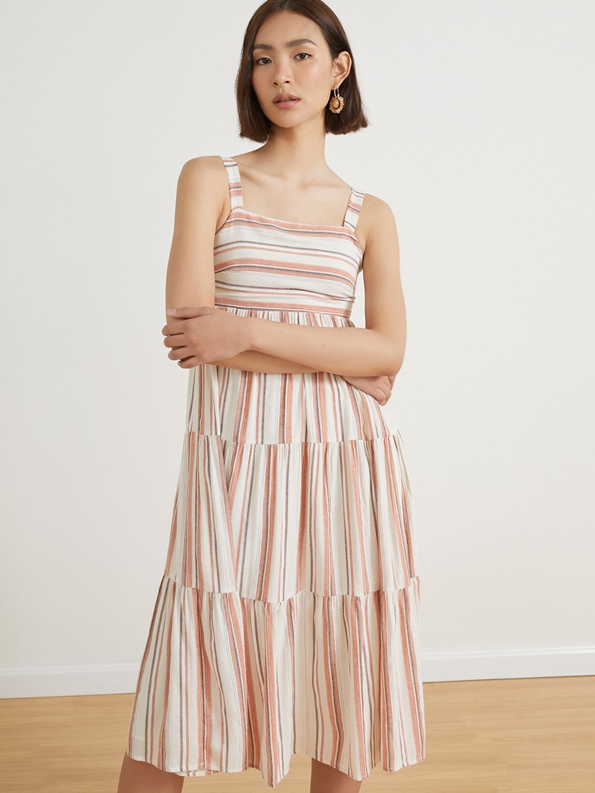 Striped Tiered Midi Dress - Orange - Pomelo Fashion