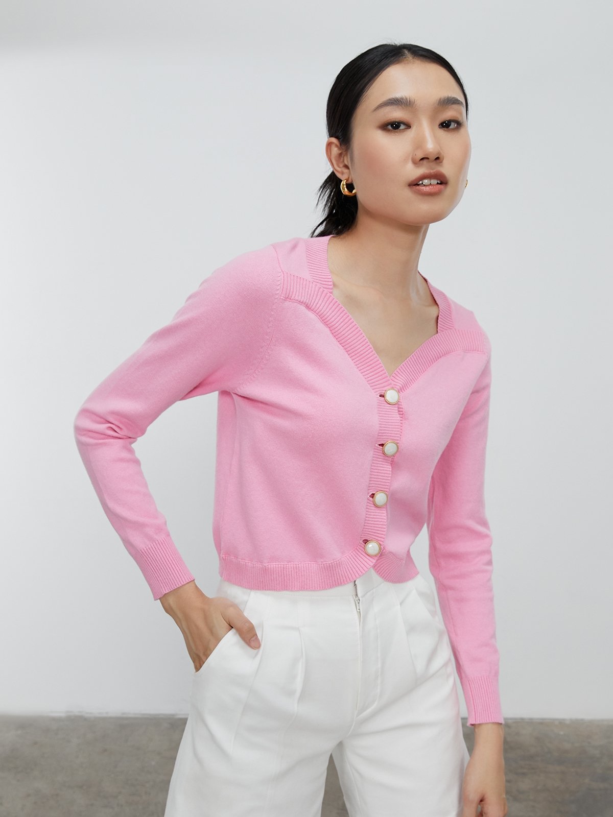 Button Front Cropped Cardigan Pink Pomelo Fashion