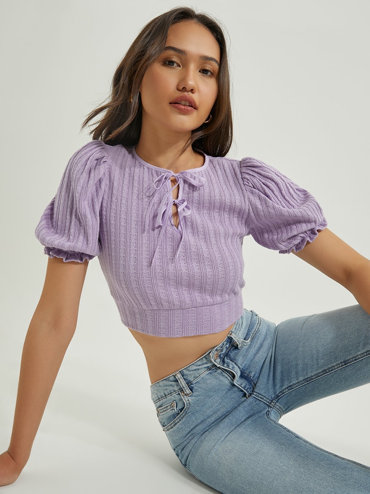 Purple puff sleeve crop top clearance