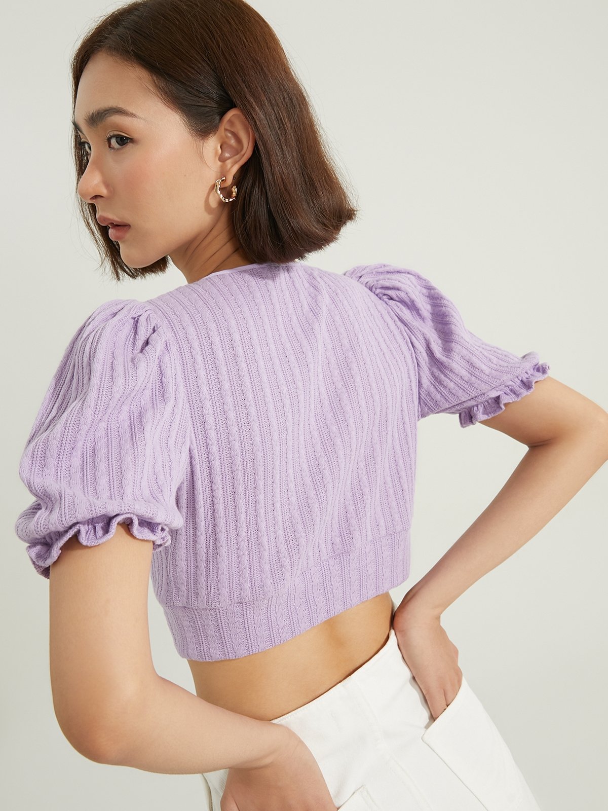 Tie Front Puffed Sleeve Crop Top Purple Pomelo Fashion