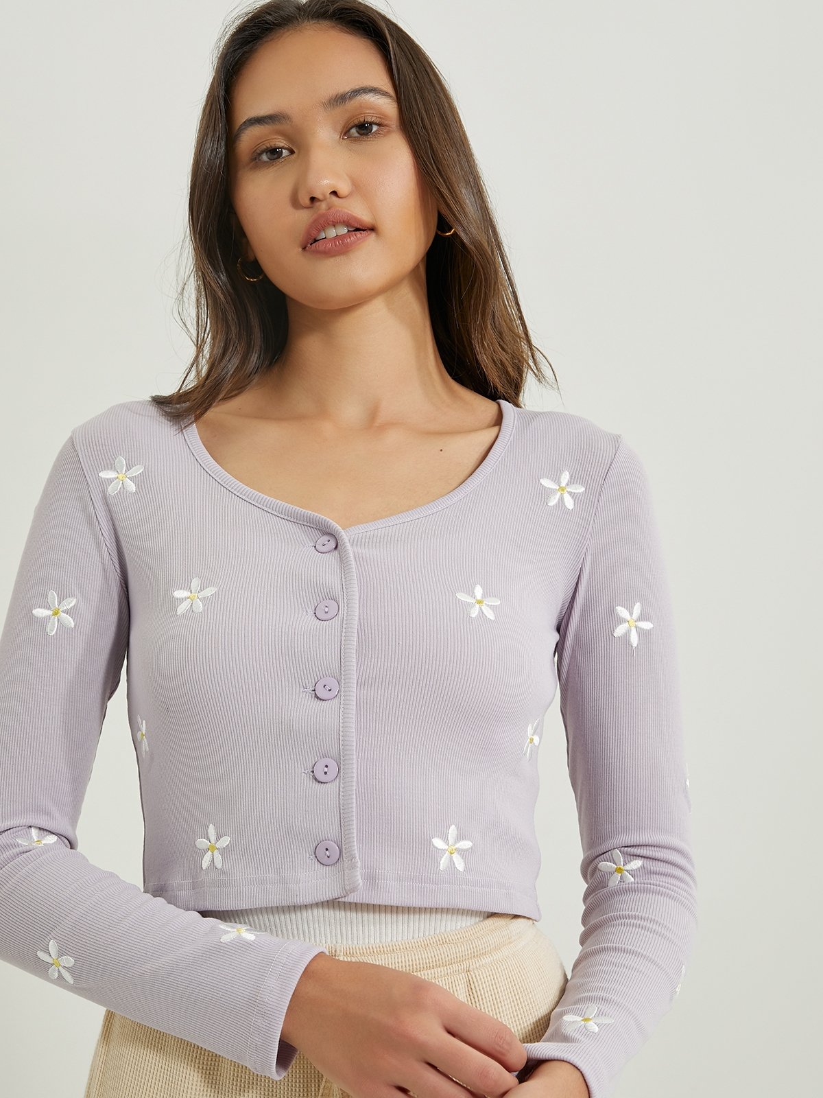 Long Sleeve Cropped Cardigan Purple Pomelo Fashion 9145