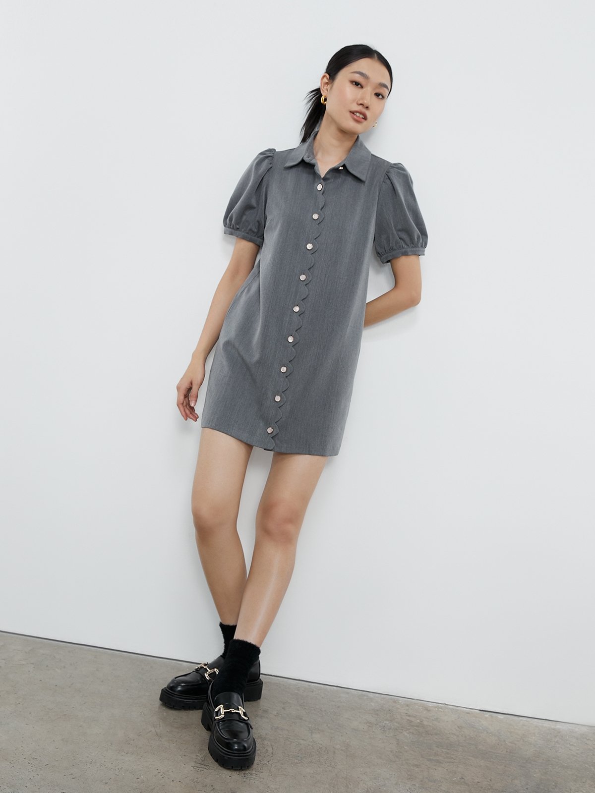 Grey button down dress sales