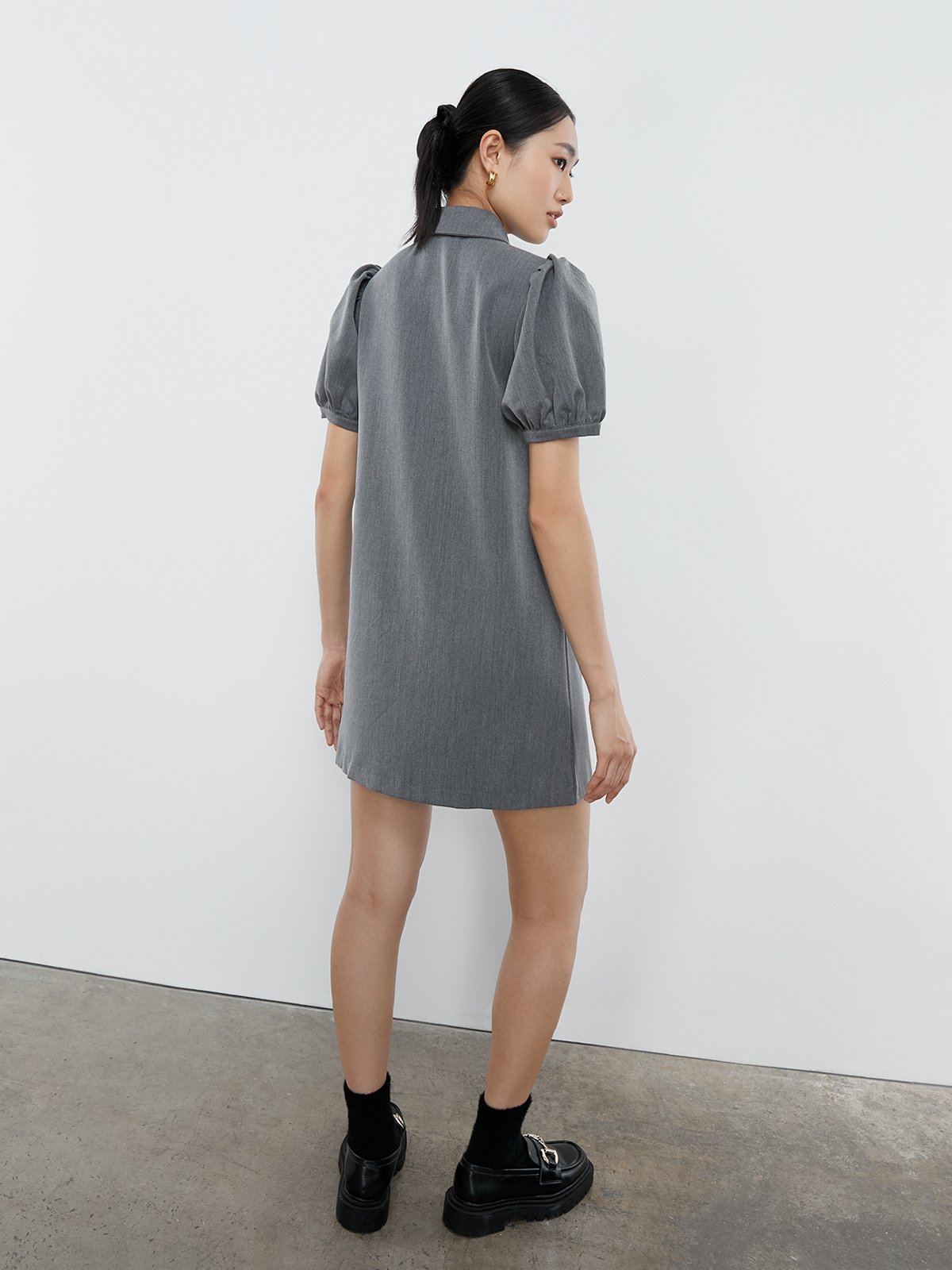 Puffed Sleeves Button Up Dress Grey
