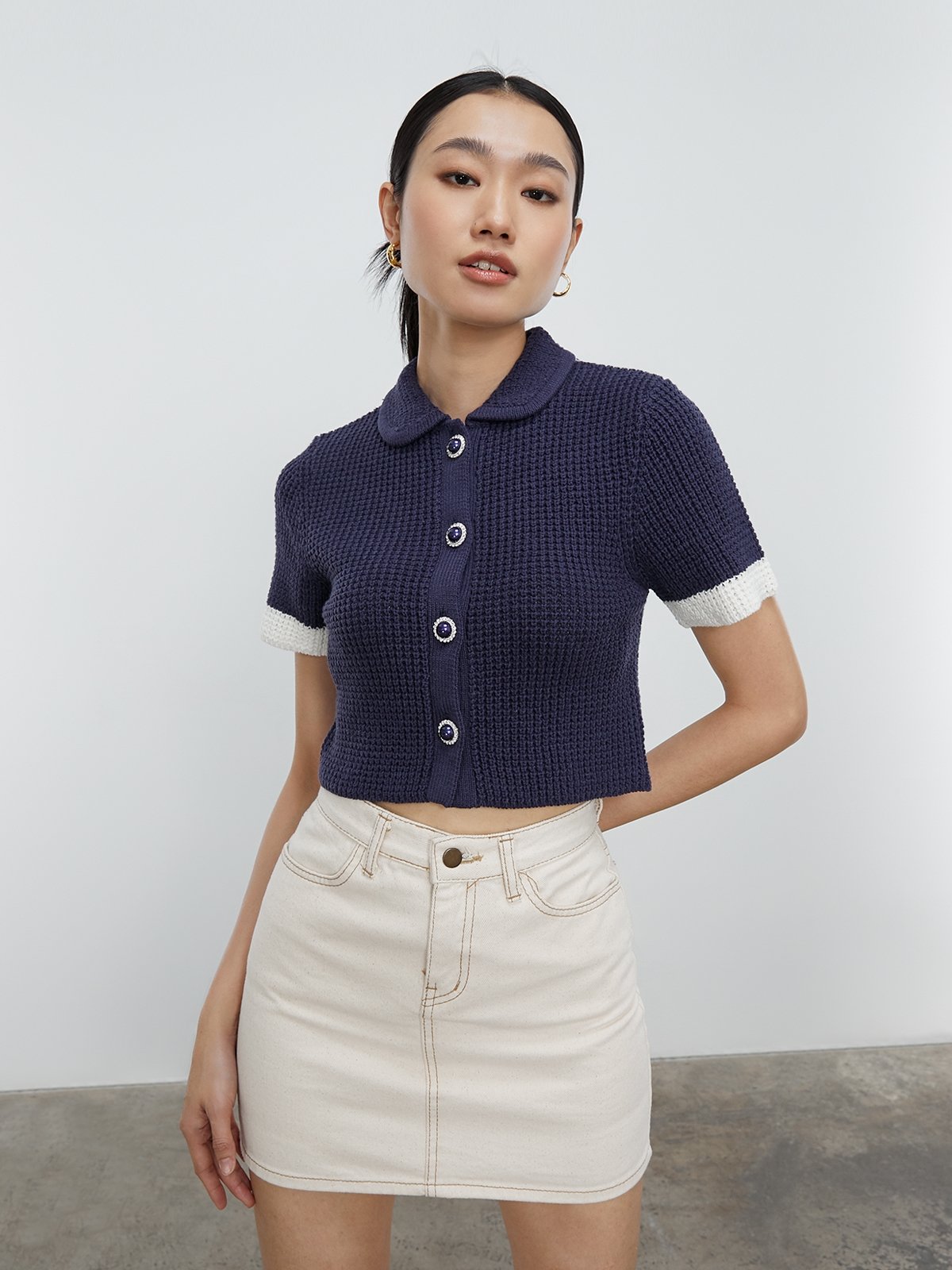 Navy peter pan collar top shop