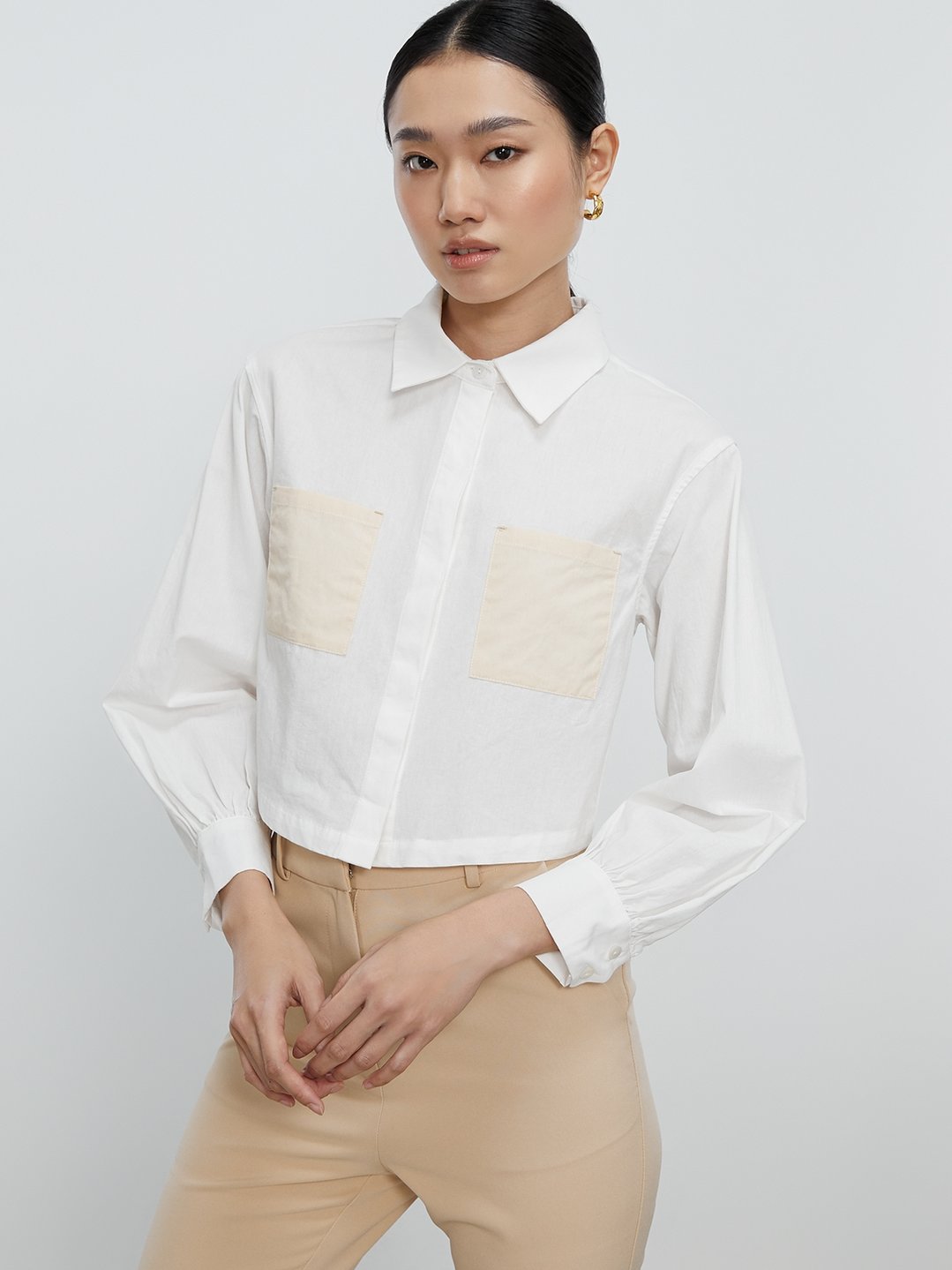 Long Sleeve Crop Top - White - Pomelo Fashion