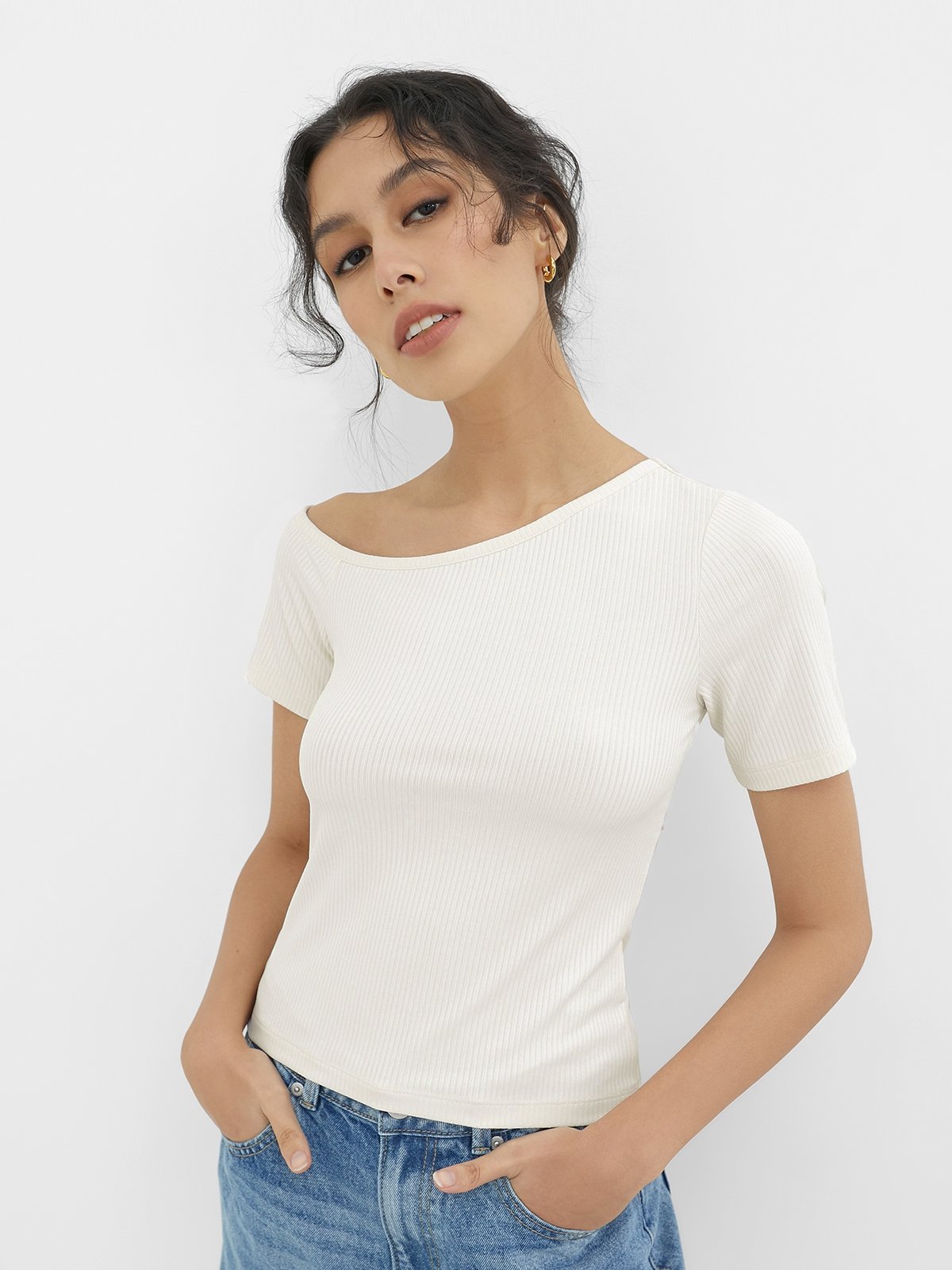 Short Sleeve Asymmetric Neck Top 