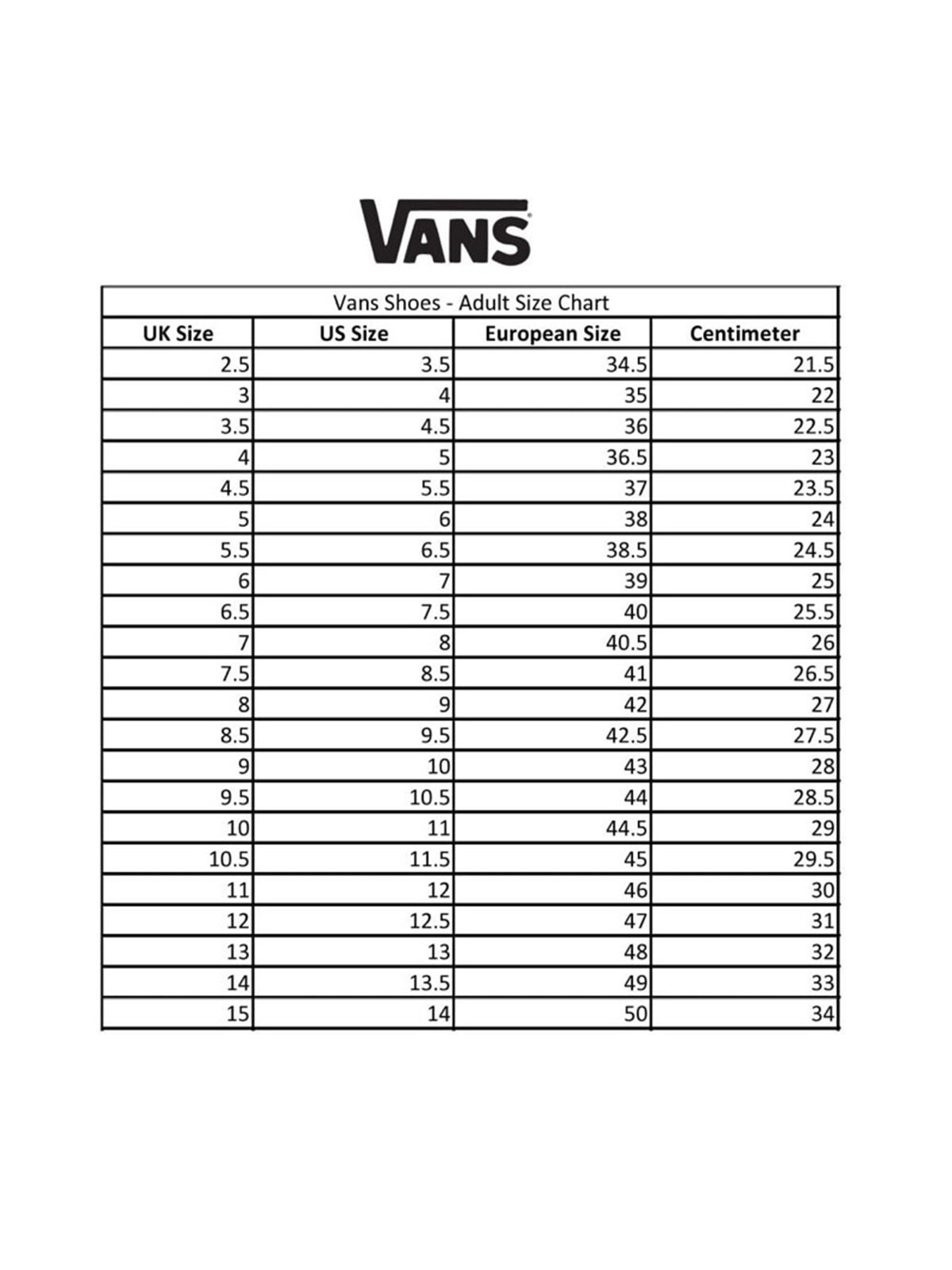 Vans baby shoes size chart outlet