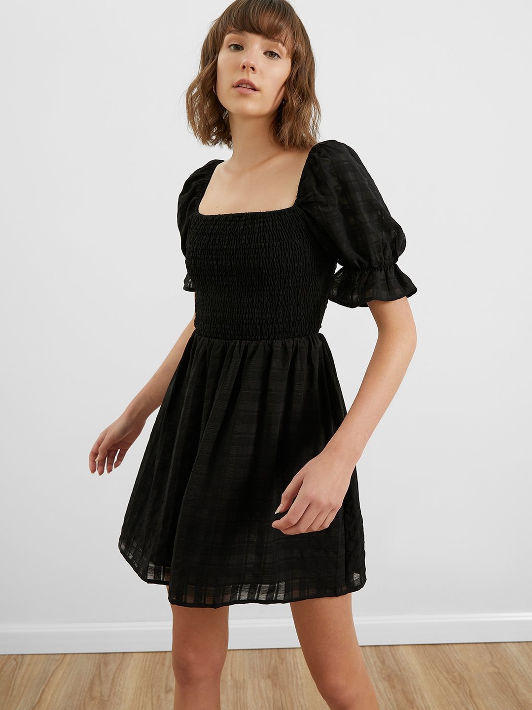 Puffed Sleeve Square Neckline Dress - Black - Pomelo Fashion