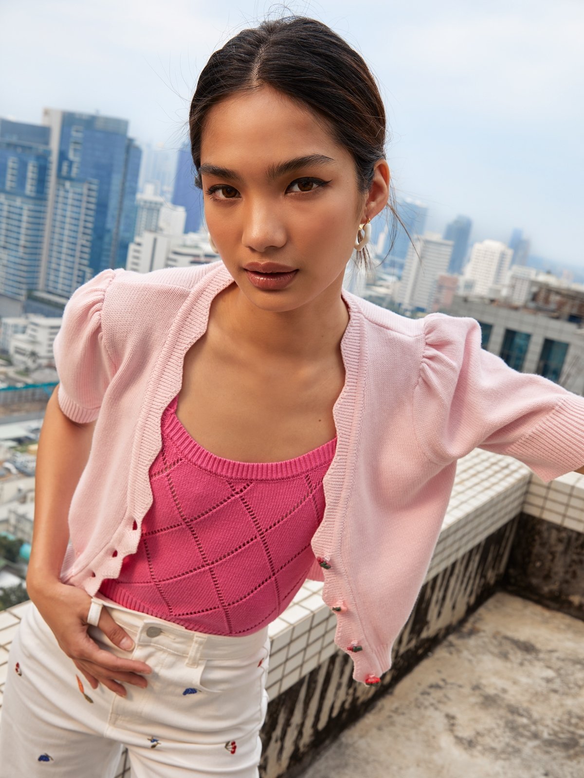 Strawberry Shaped Button Crop Cardigan Light Pink