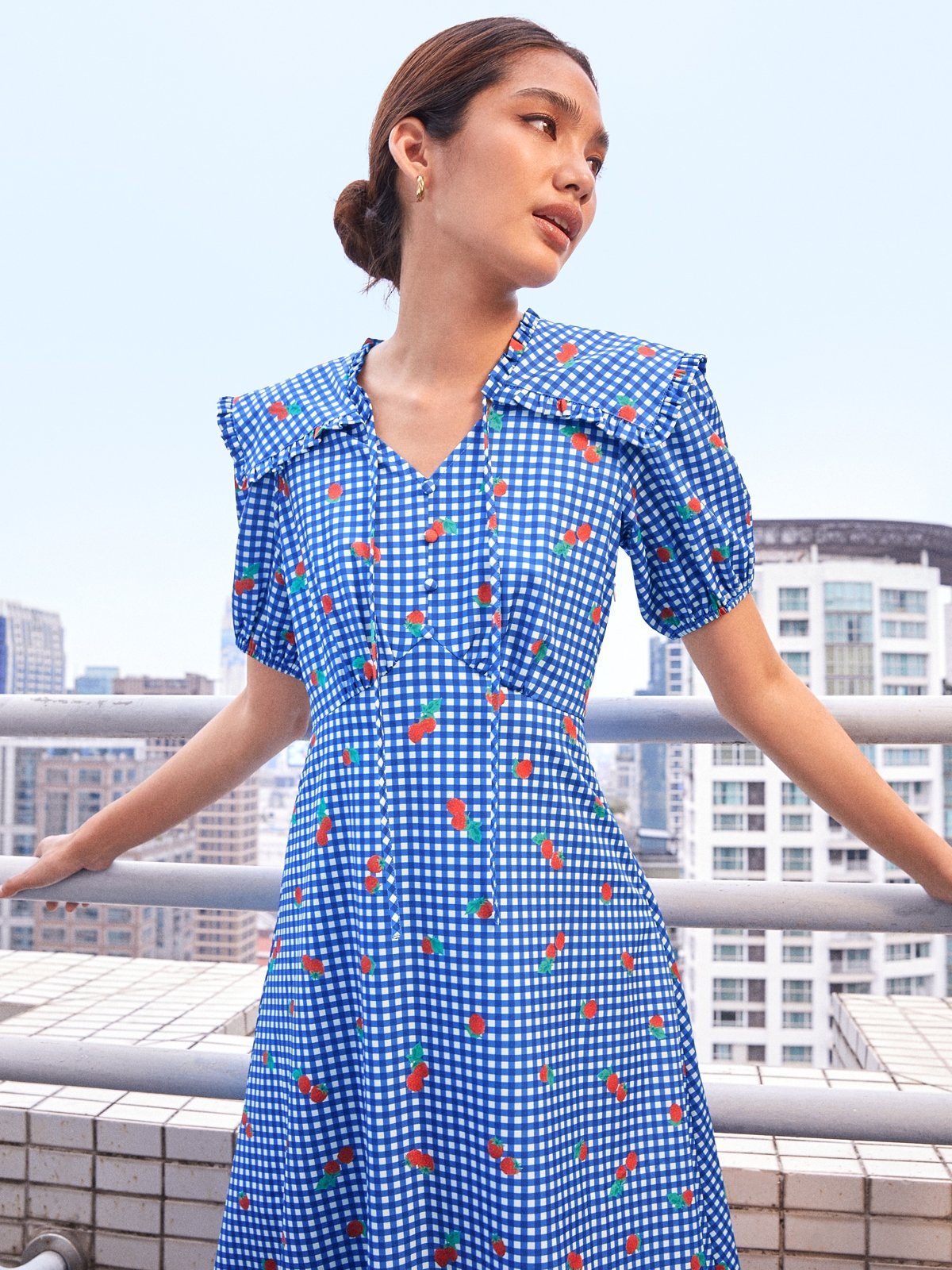Raspberry Checkered Print Midi Dress Blue Pomelo Fashion