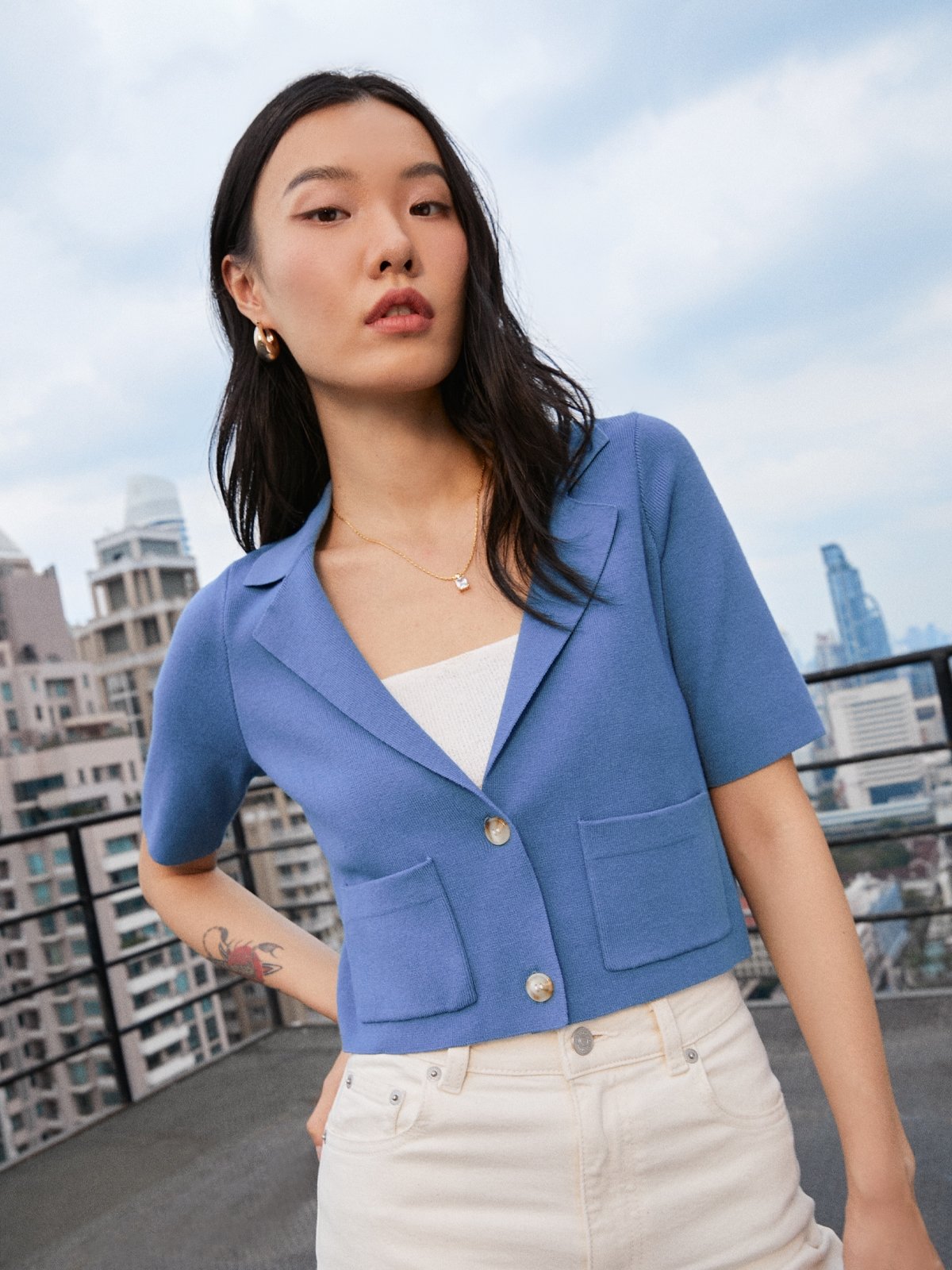 Short Sleeve Cropped Jacket - Blue - Pomelo Fashion