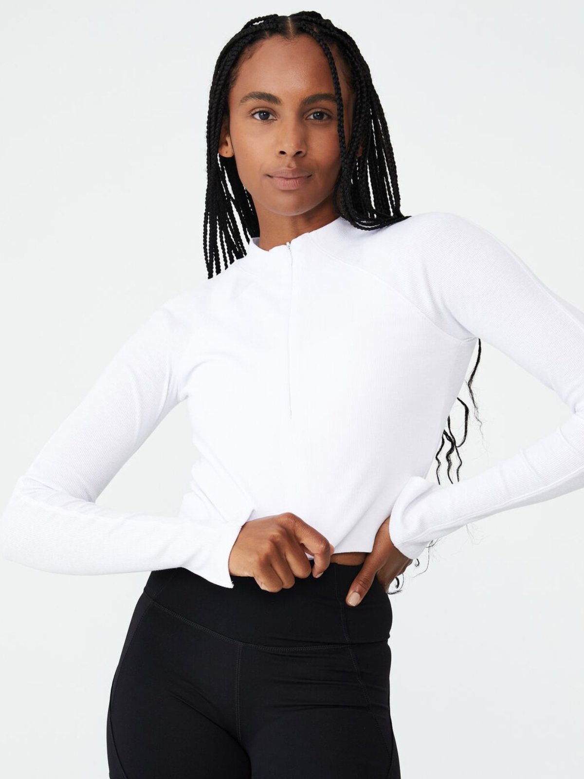 Half Zip Long Sleeve Top - White 