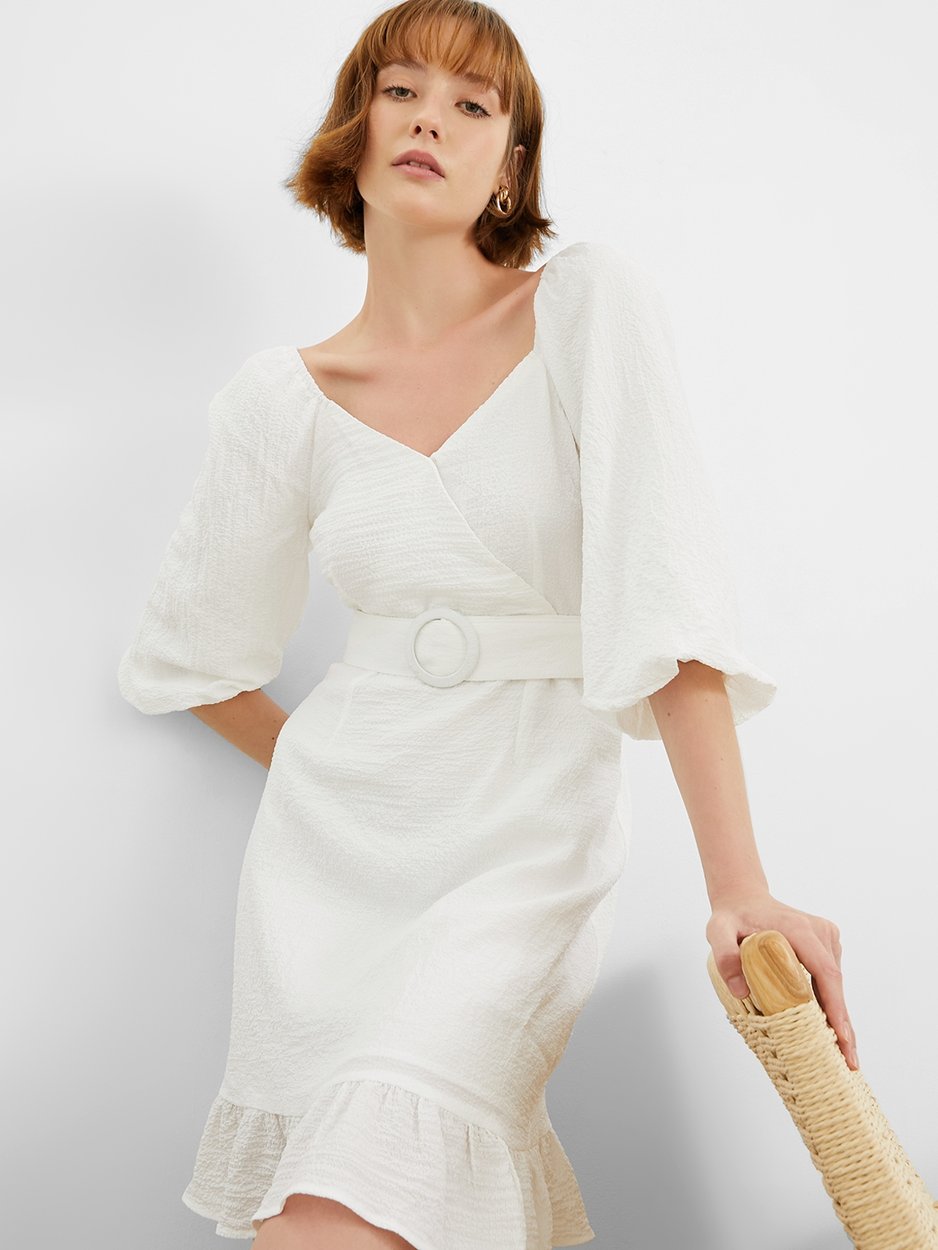 Ribbed Half Sleeve With Belt Mini Dress - White - Pomelo Fashion Ribbed Half Sleeve With Belt Mini Dress - White - Pomelo Fashion