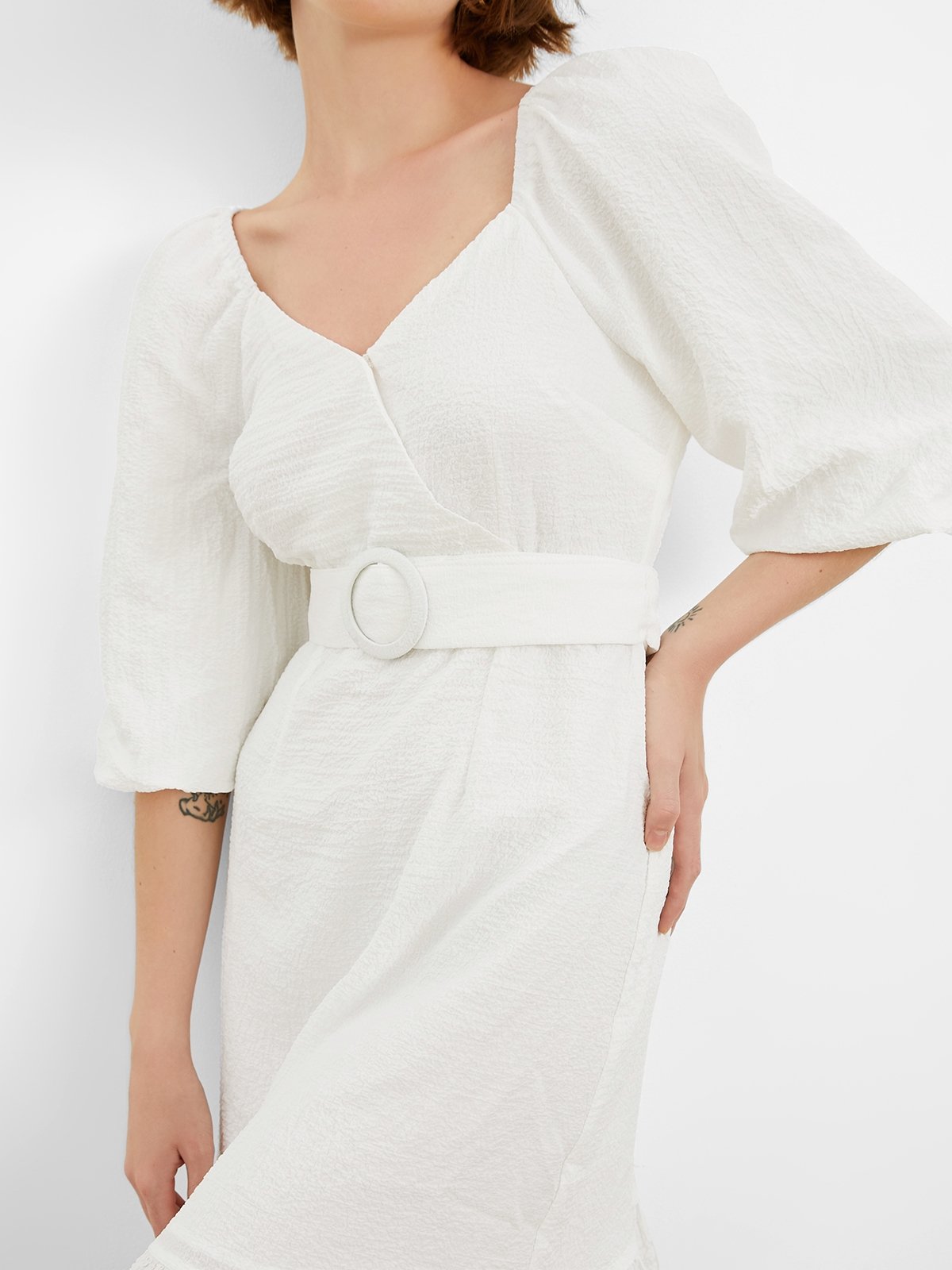 Ribbed Half Sleeve With Belt Mini Dress - White - Pomelo Fashion Ribbed Half Sleeve With Belt Mini Dress - White - Pomelo Fashion